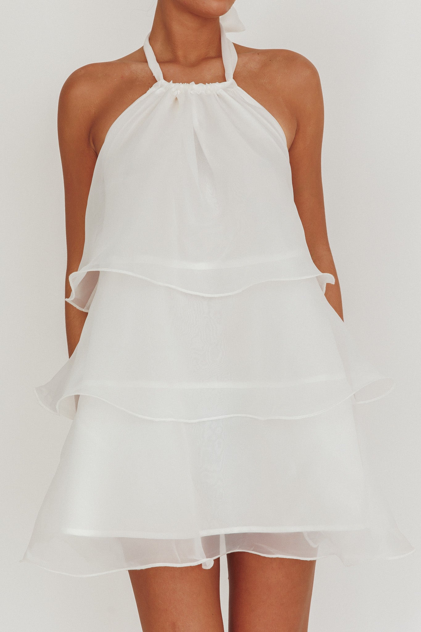 Tulips Tiered Halterneck Mini Dress White-Maymioy