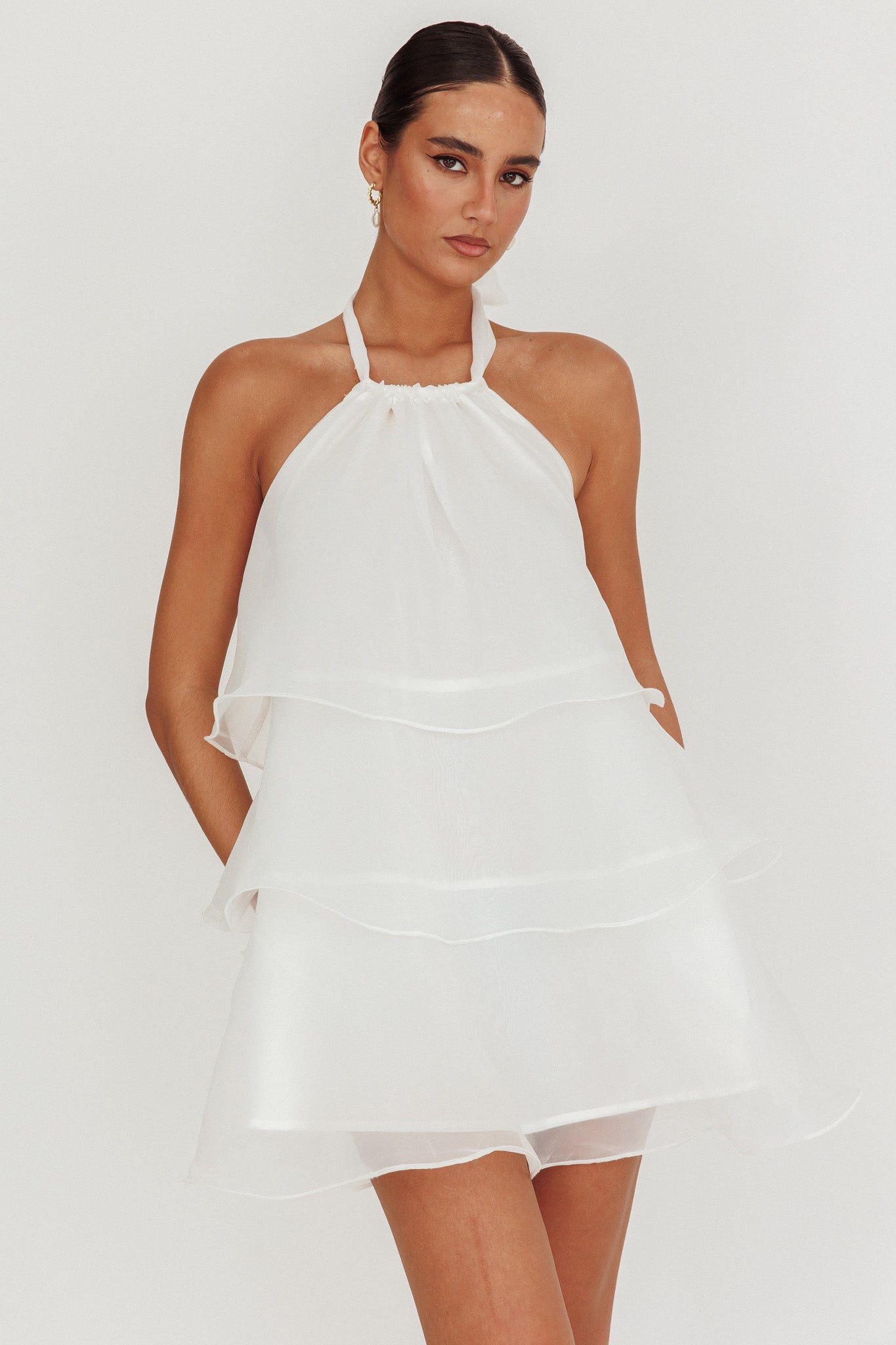 Tulips Tiered Halterneck Mini Dress White-Maymioy