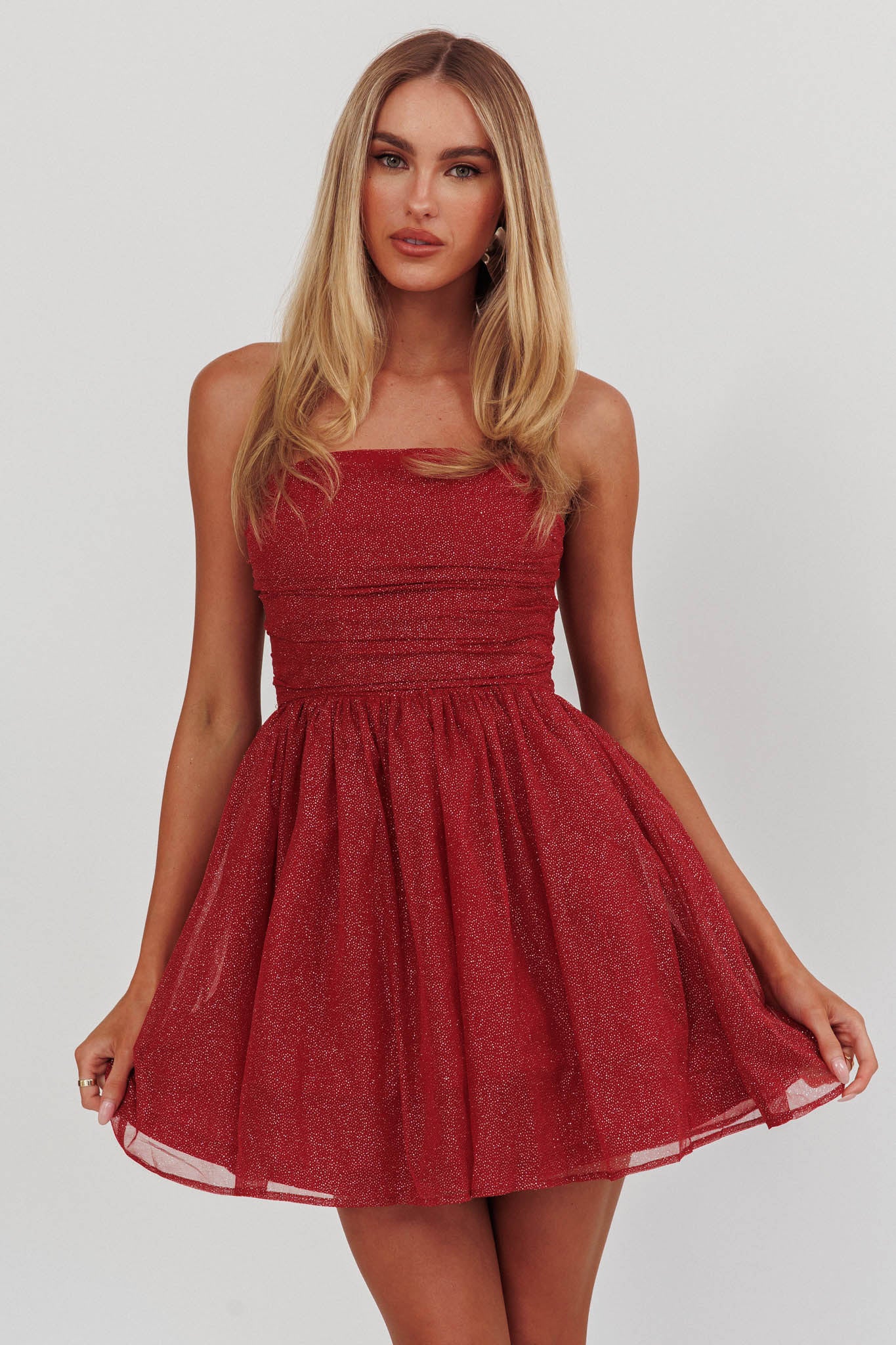 Guilty Pleasure Strapless Glitter Mini Dress Red-Maymioy
