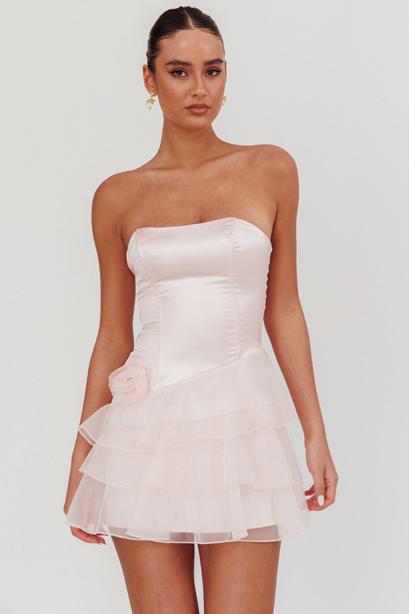 Bless Strapless Organza Ruffle Mini Dress Blush-Maymioy
