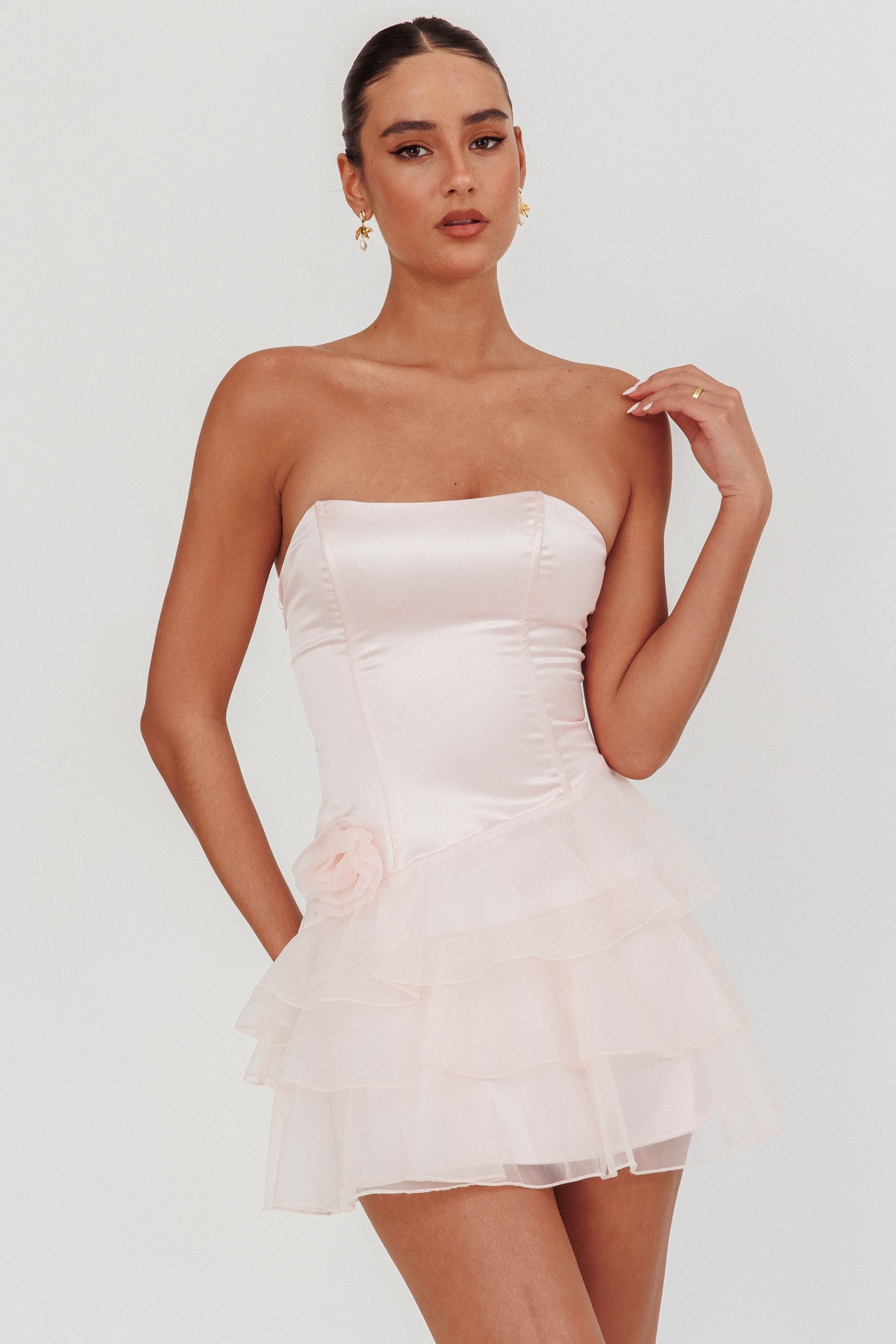 Bless Strapless Organza Ruffle Mini Dress Blush-Maymioy