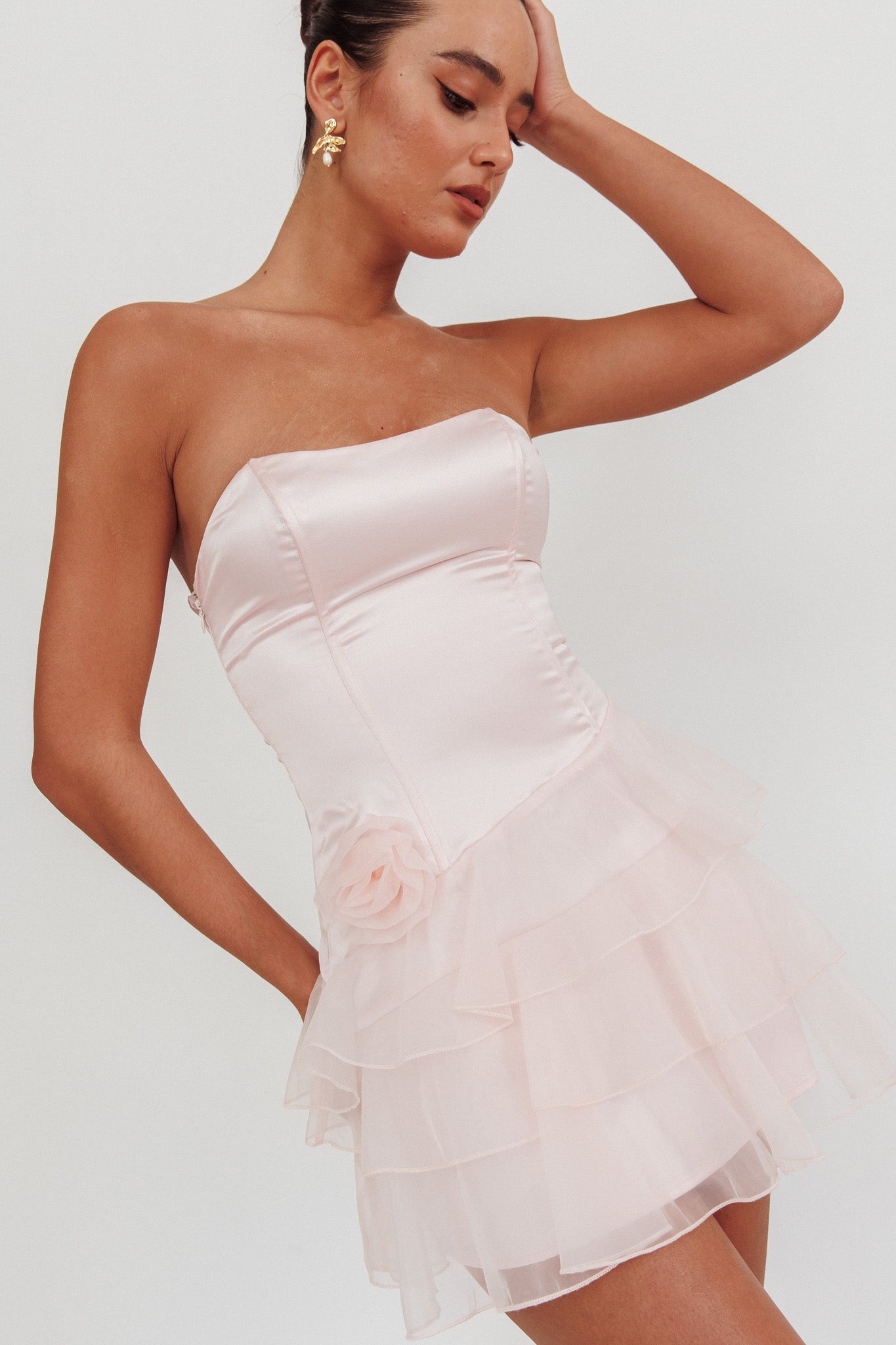 Bless Strapless Organza Ruffle Mini Dress Blush-Maymioy