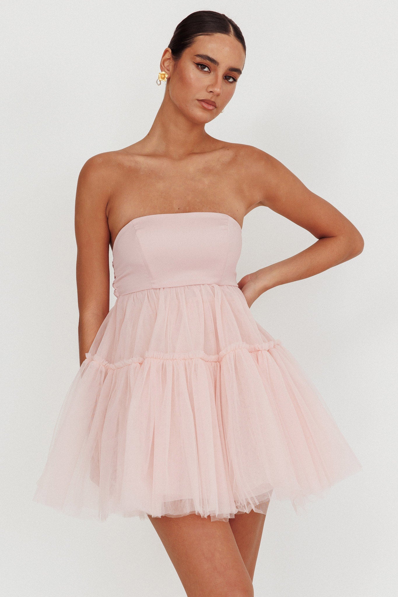 Dreamscape Strapless Tulle Mini Dress Blush-Maymioy