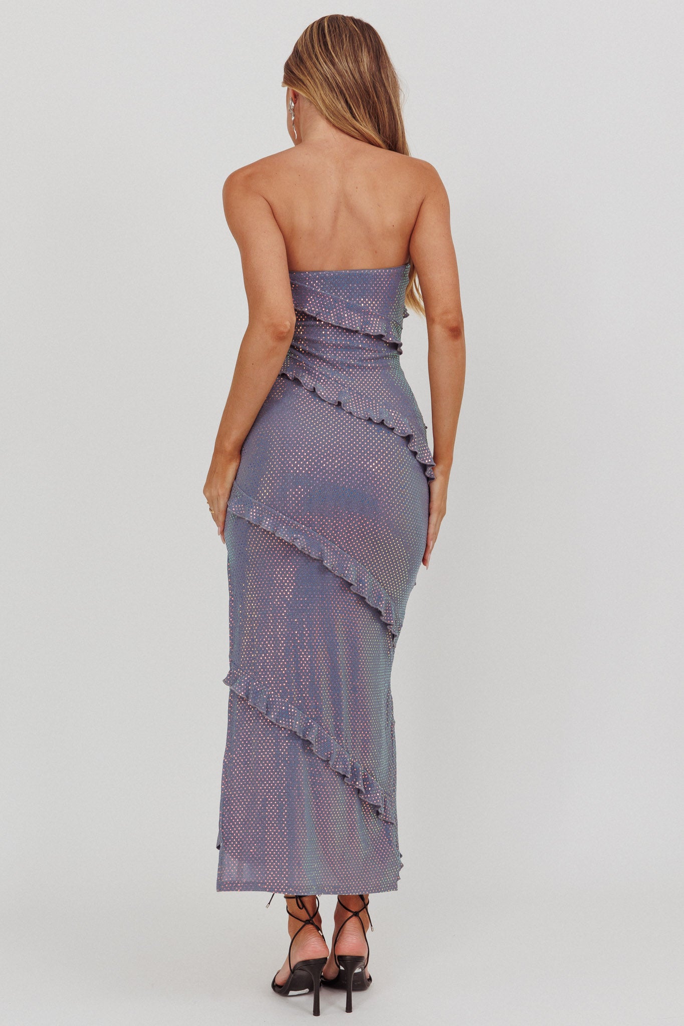 Metrics Strapless Frill Maxi Dress Blue-Maymioy