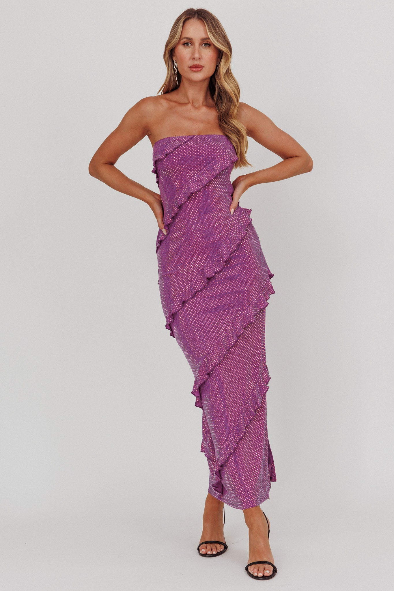 Metrics Strapless Frill Maxi Dress Purple-Maymioy