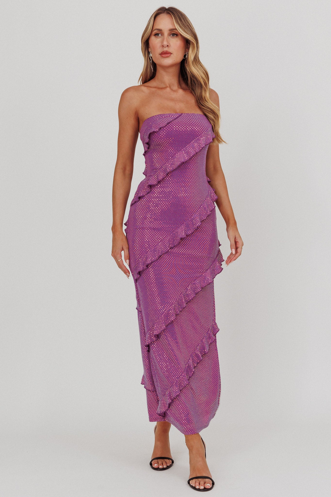 Metrics Strapless Frill Maxi Dress Purple-Maymioy