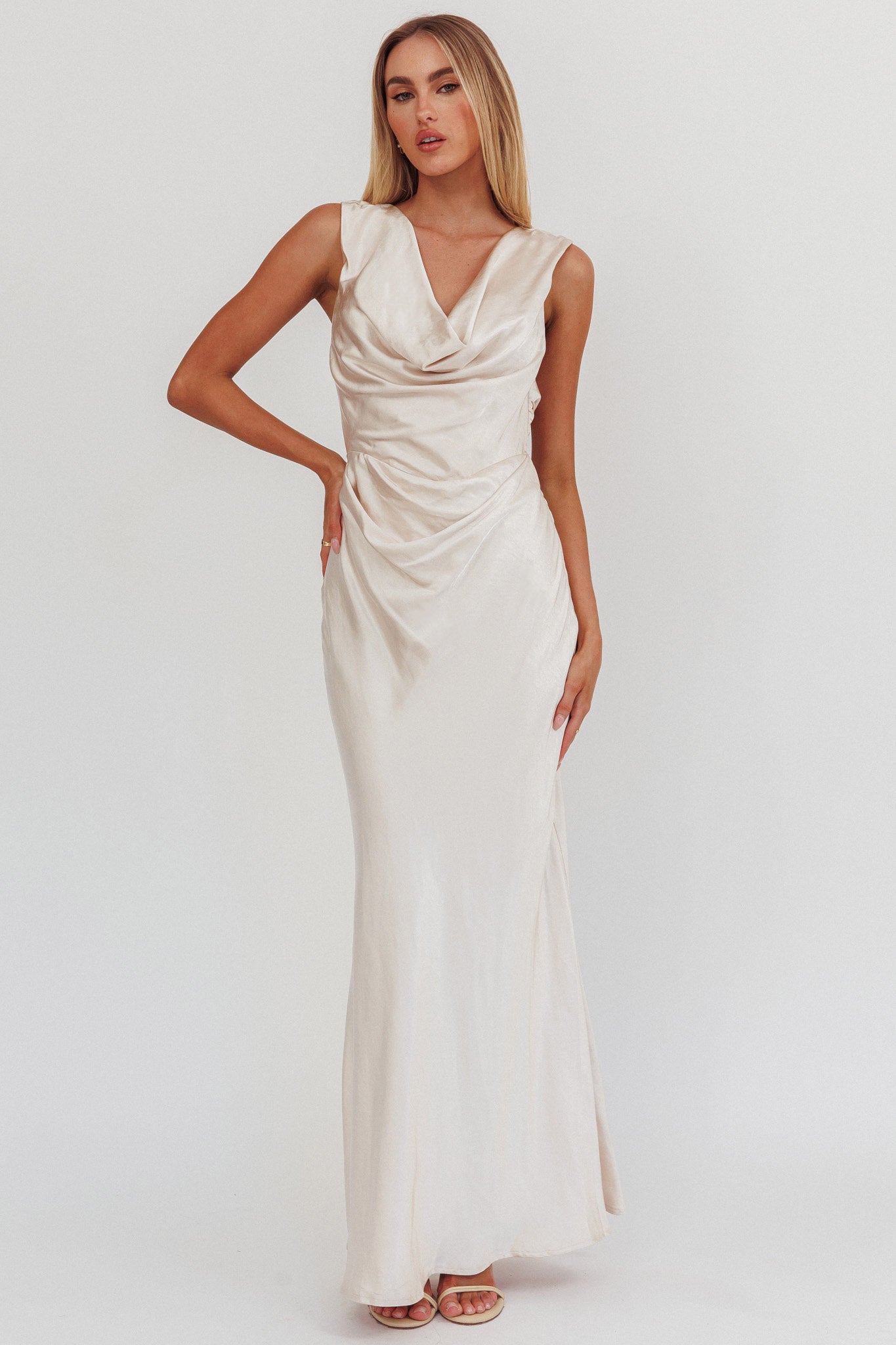 Chills Cowl Neck Satin Maxi Dress Champagne-Maymioy