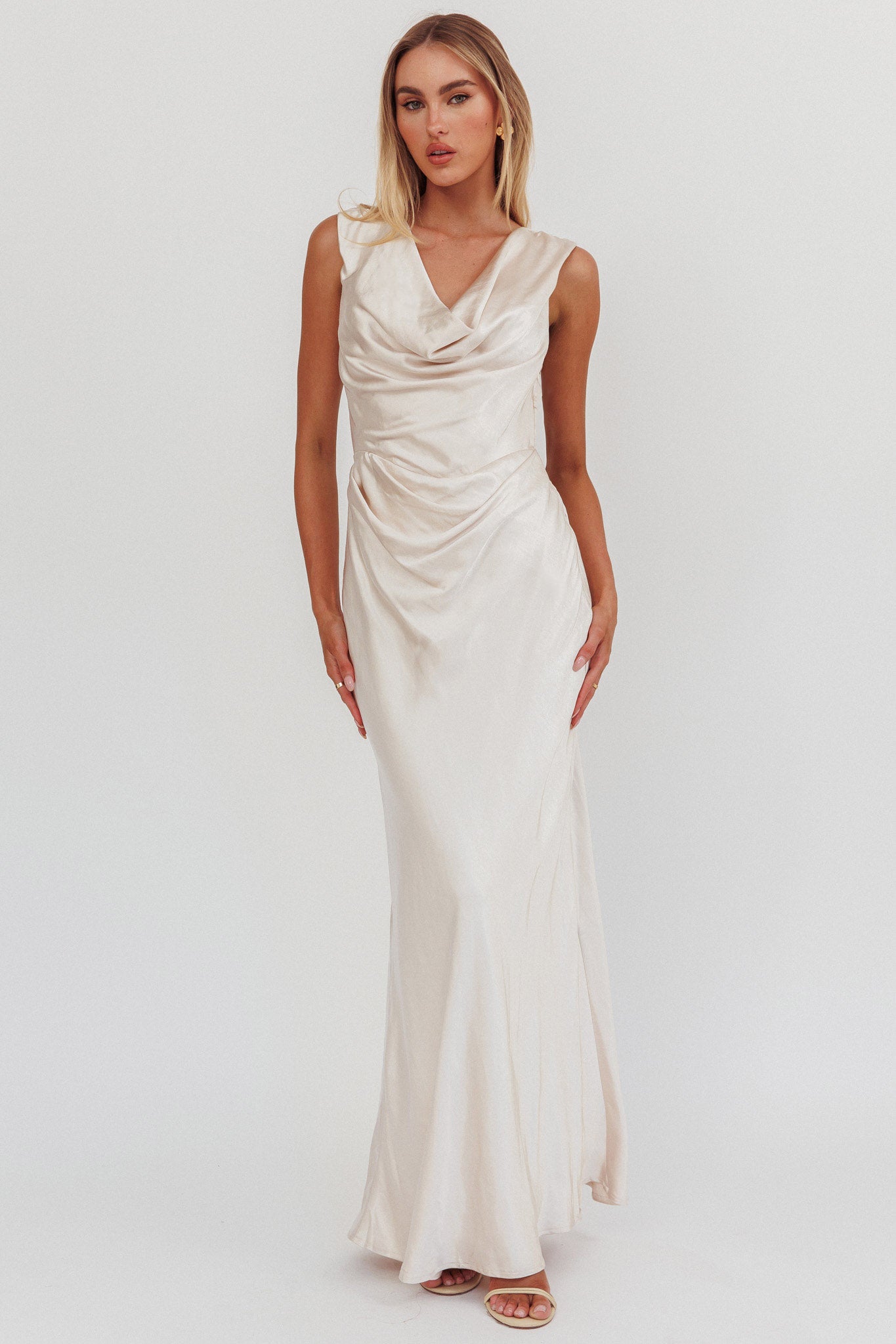 Chills Cowl Neck Satin Maxi Dress Champagne-Maymioy
