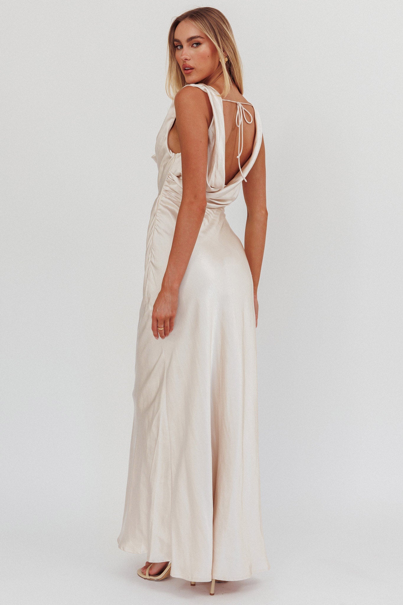 Chills Cowl Neck Satin Maxi Dress Champagne-Maymioy
