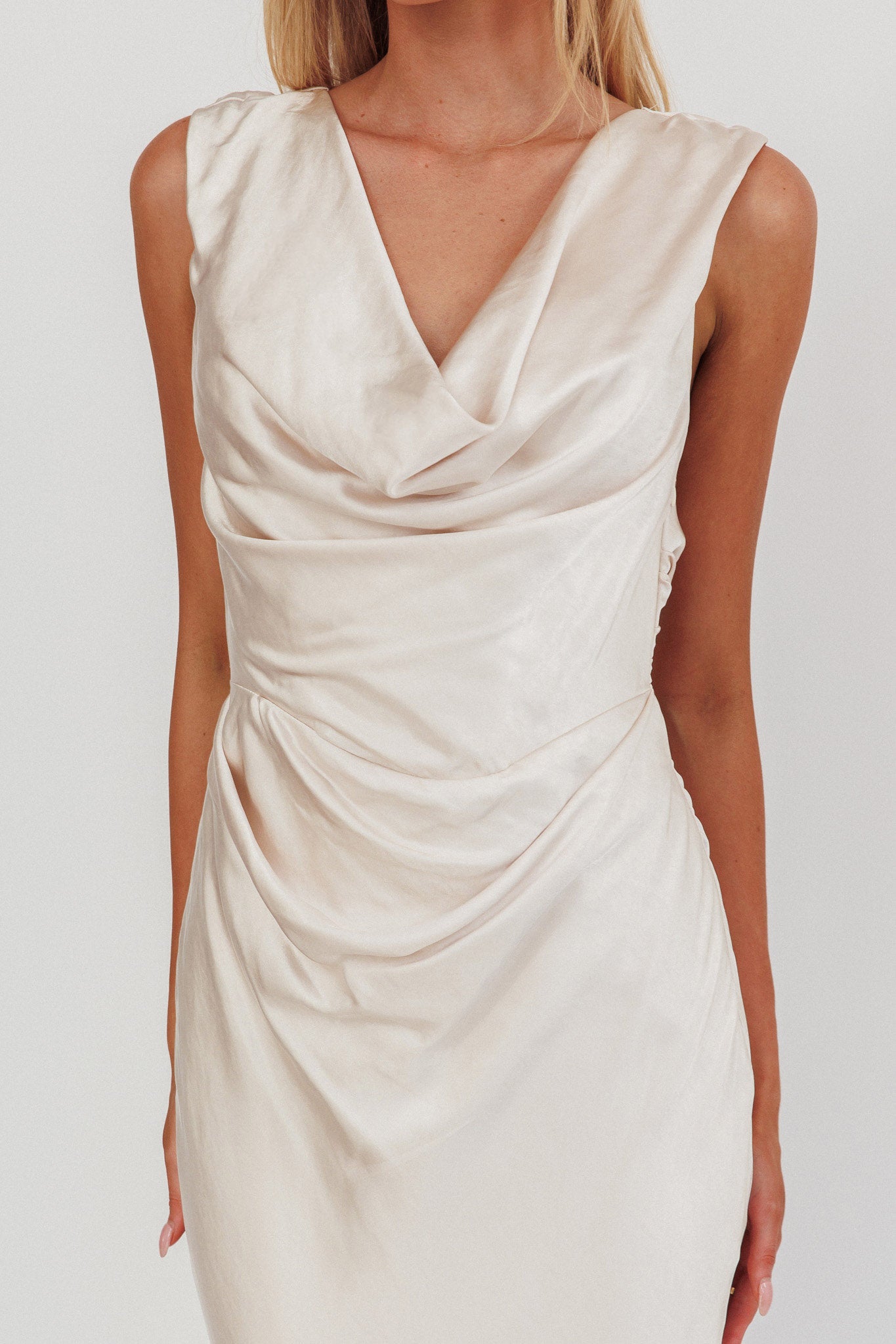 Chills Cowl Neck Satin Maxi Dress Champagne-Maymioy