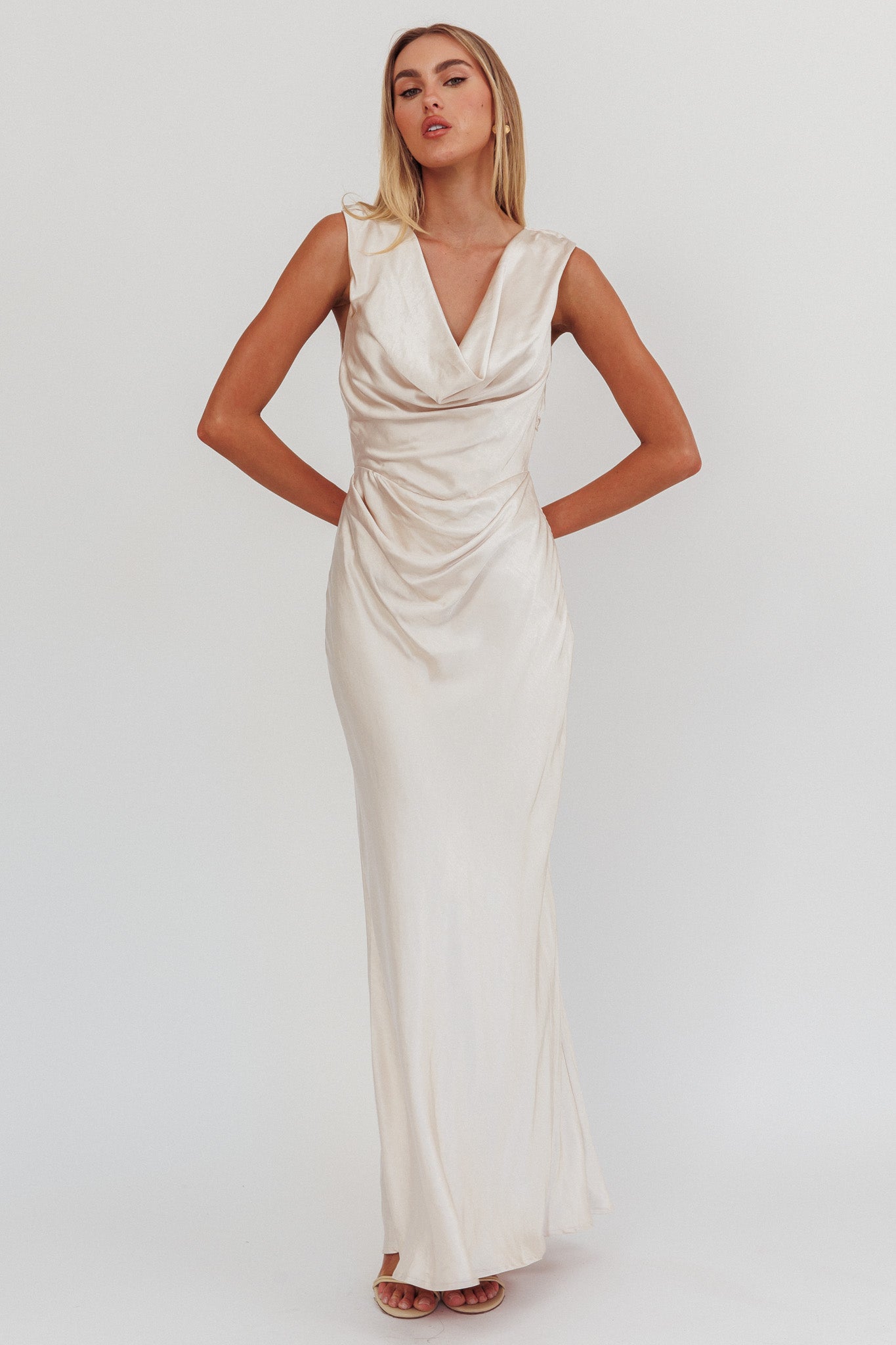 Chills Cowl Neck Satin Maxi Dress Champagne-Maymioy