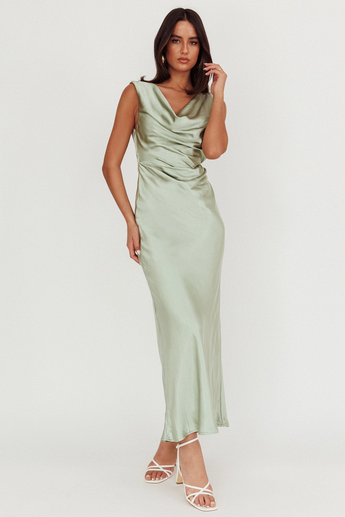 Chills Cowl Neck Satin Maxi Dress Sage-Maymioy