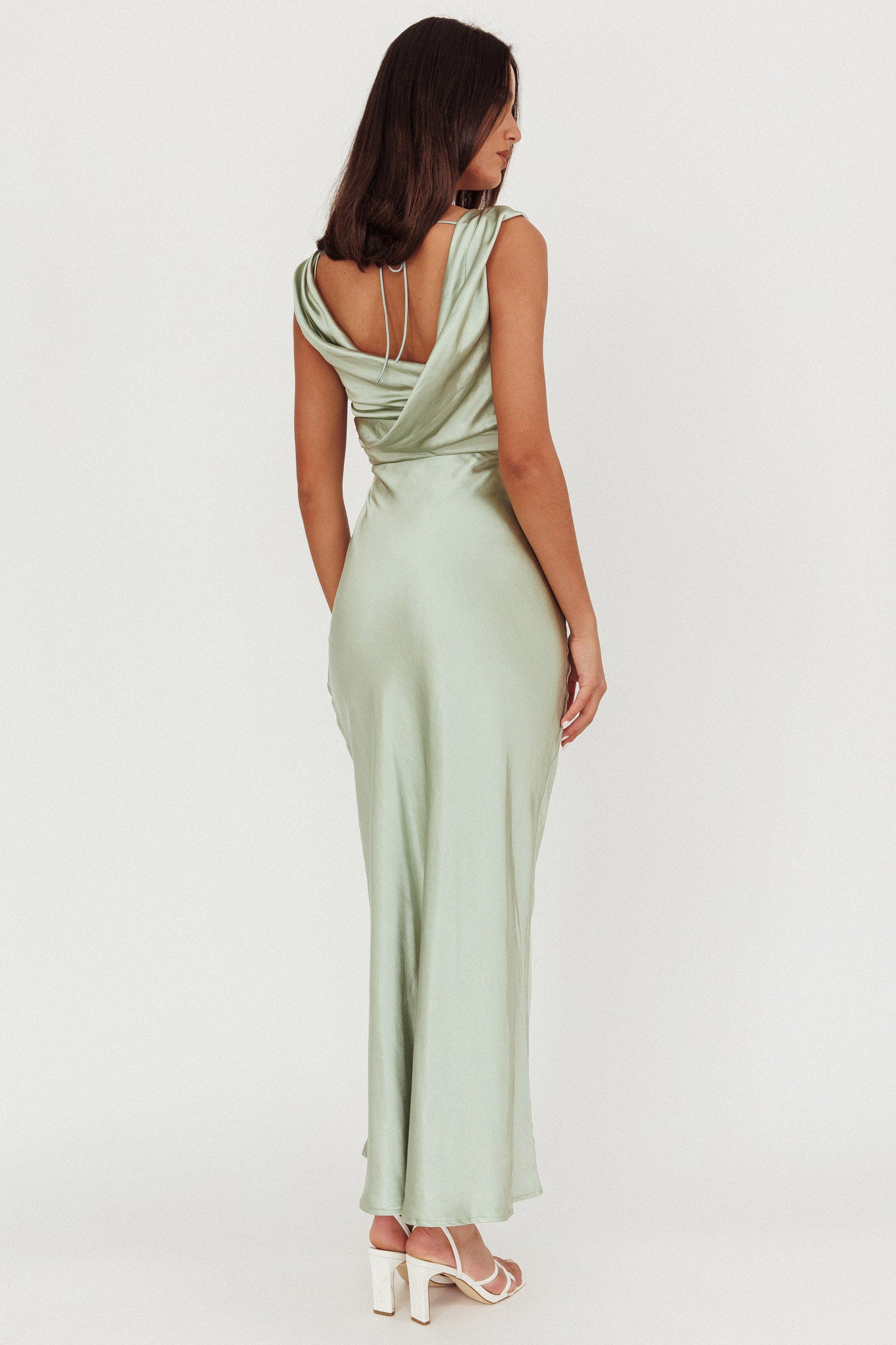 Chills Cowl Neck Satin Maxi Dress Sage-Maymioy