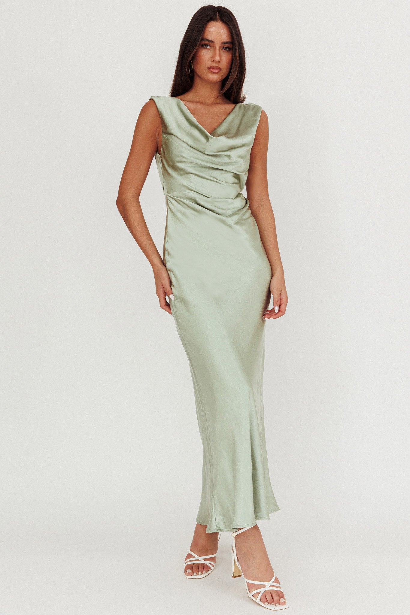 Chills Cowl Neck Satin Maxi Dress Sage-Maymioy