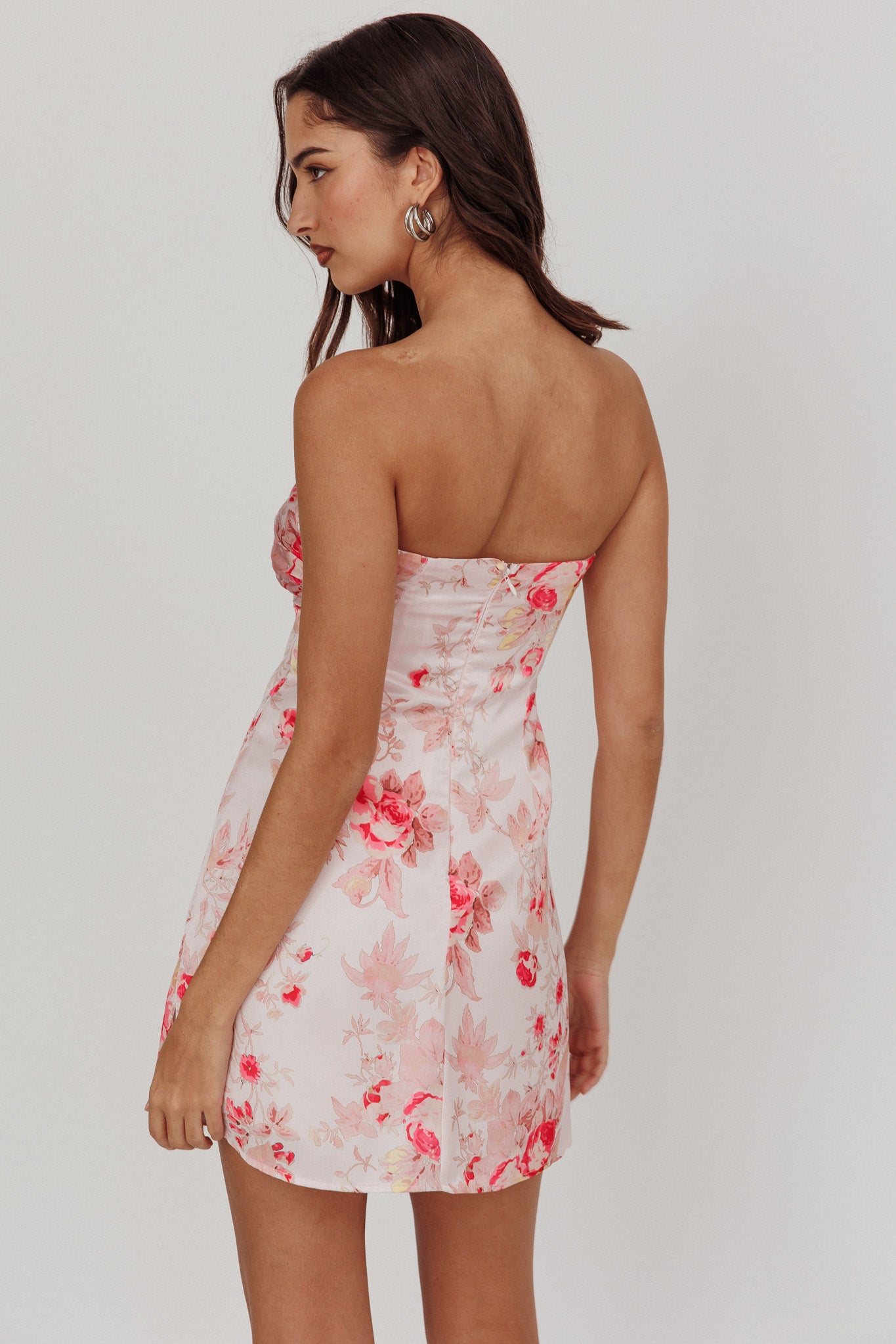 Sian Strapless Sweetheart Mini Dress Floral Pink-Maymioy