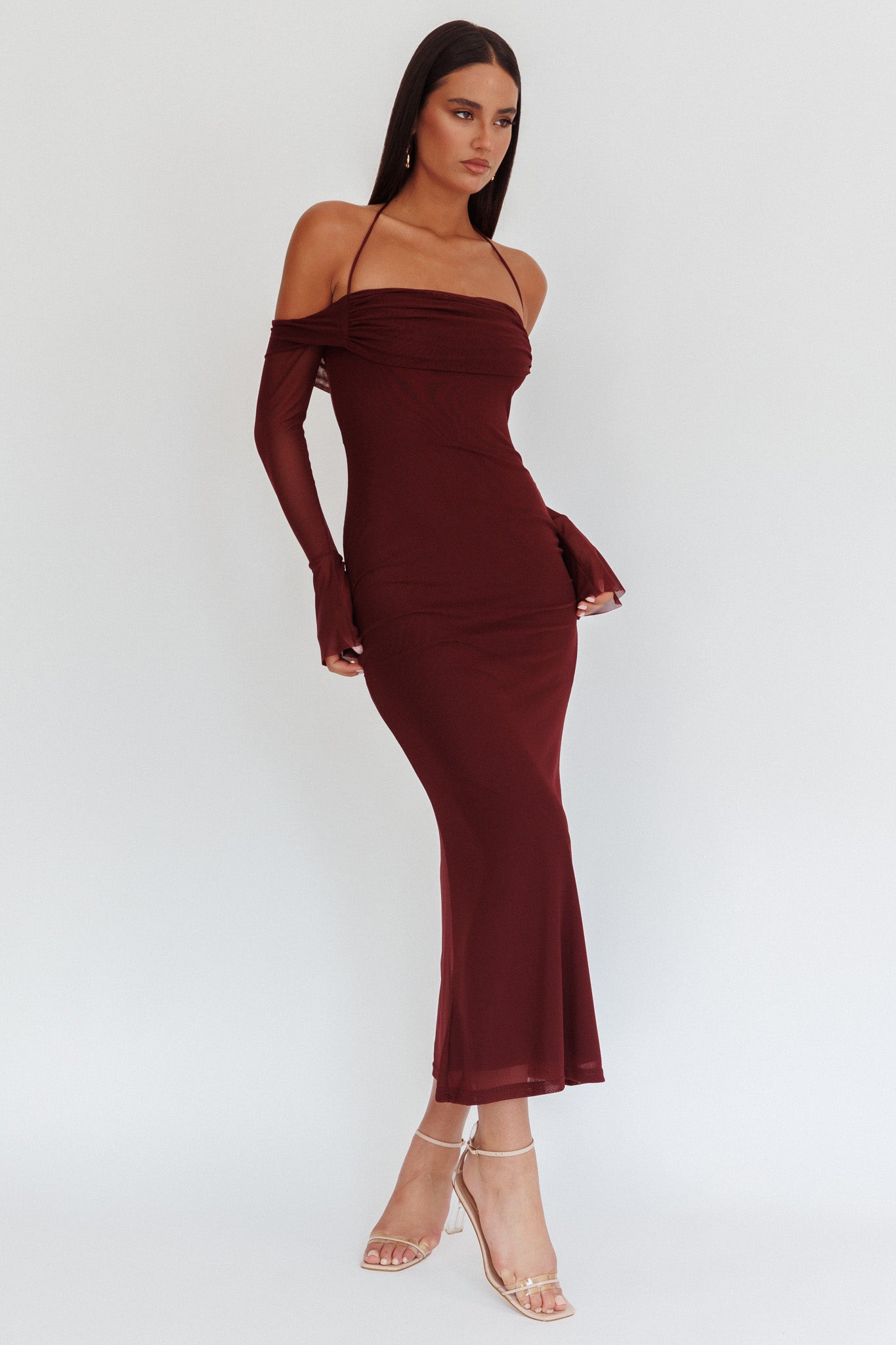 Numbers Game Off-Shoulder Halter Maxi Dress Chocolate-Maymioy