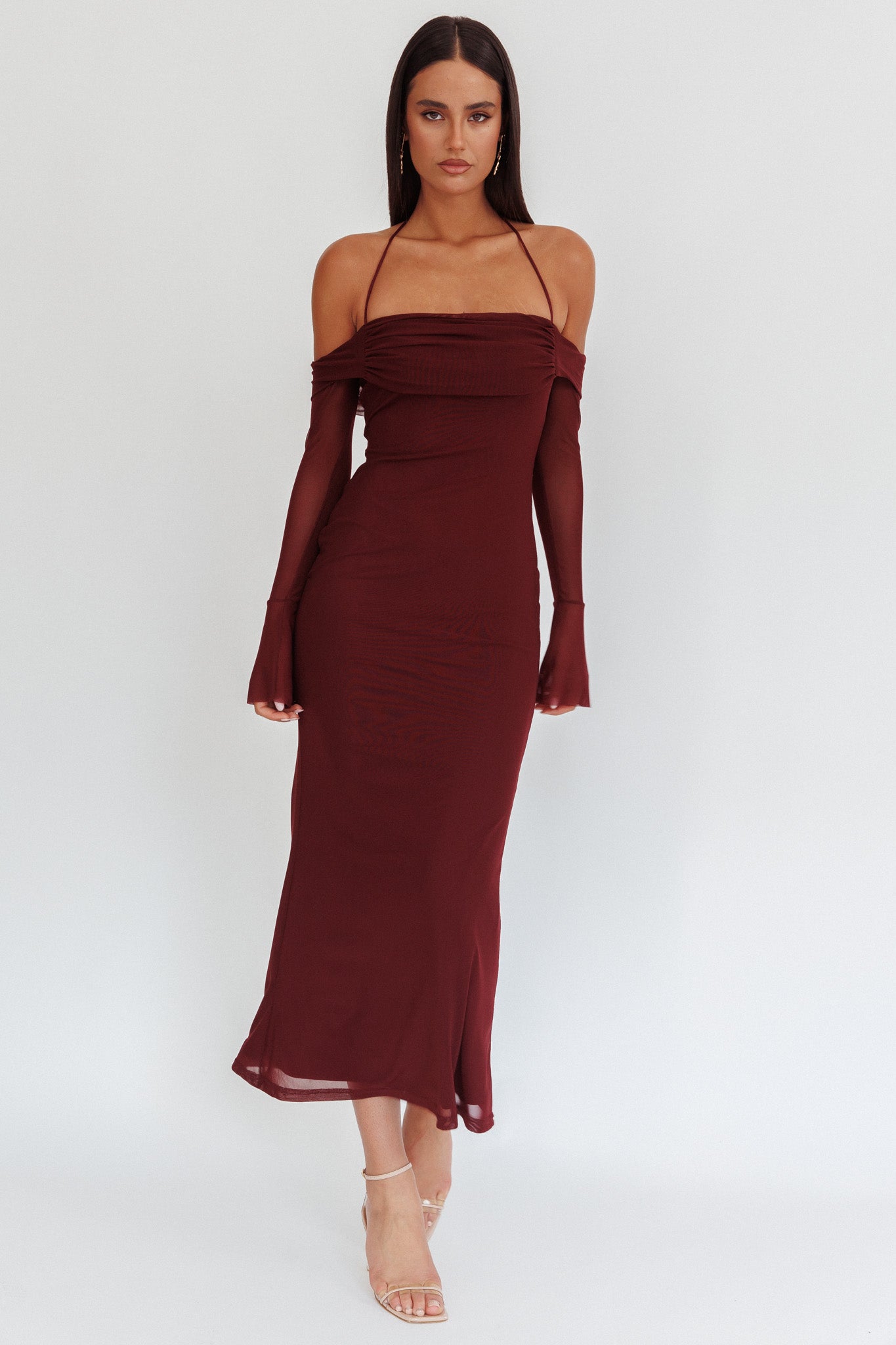 Numbers Game Off-Shoulder Halter Maxi Dress Chocolate-Maymioy
