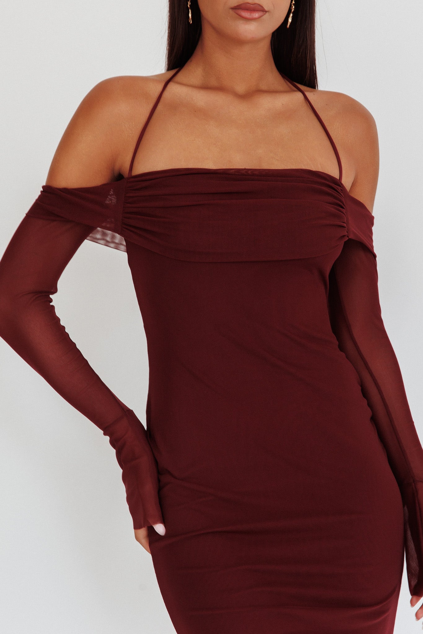 Numbers Game Off-Shoulder Halter Maxi Dress Chocolate-Maymioy