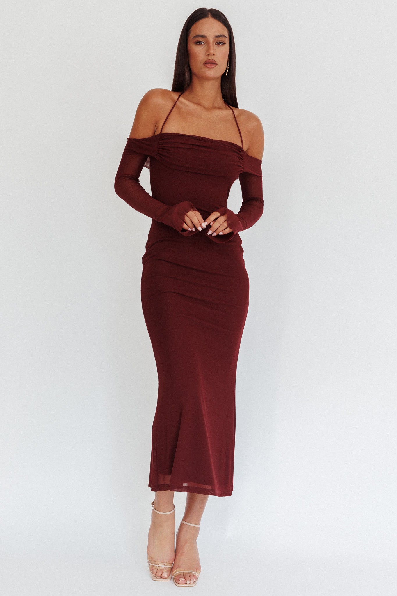 Numbers Game Off-Shoulder Halter Maxi Dress Chocolate-Maymioy