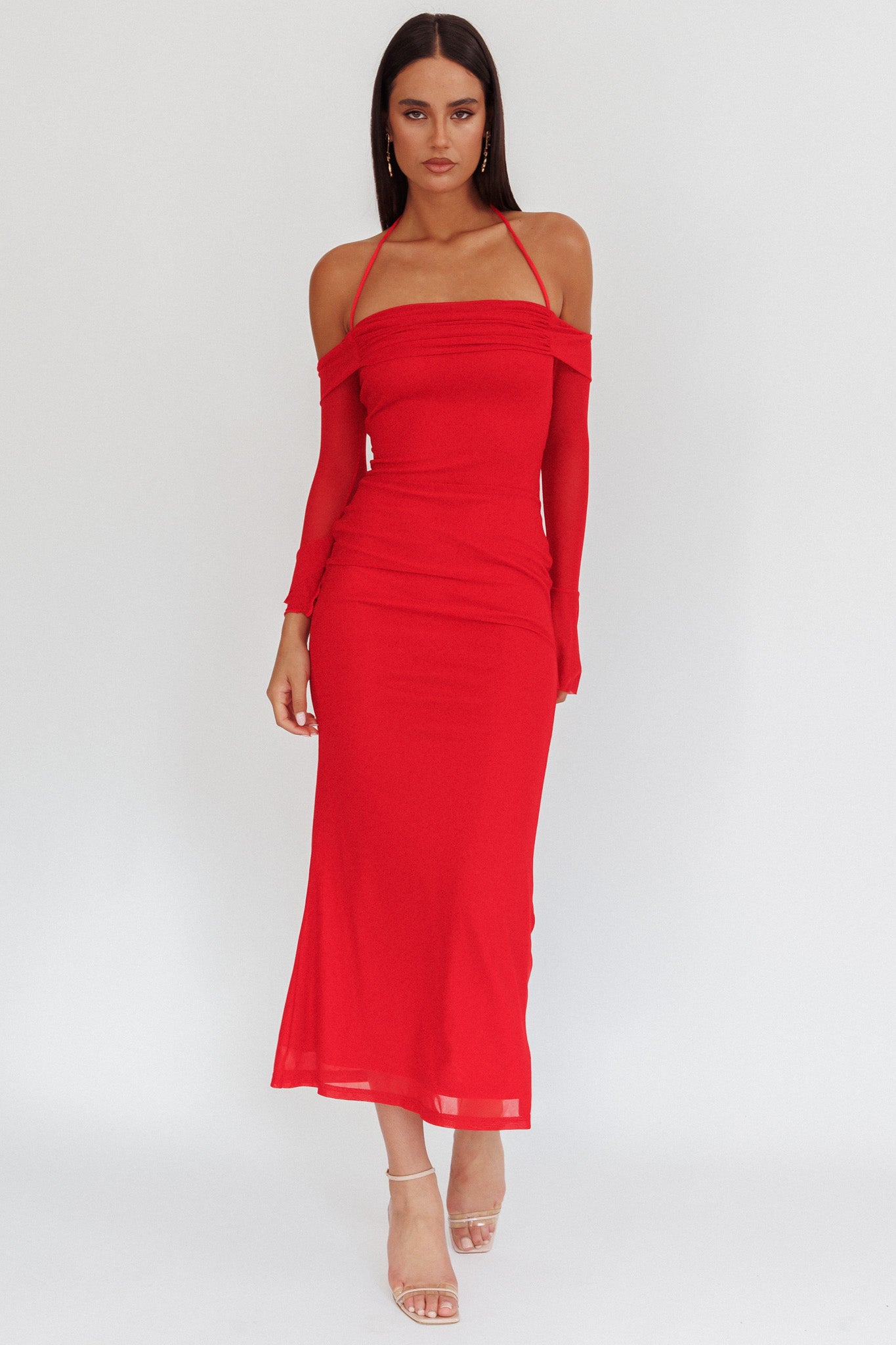 Numbers Game Off-Shoulder Halter Maxi Dress Red-Maymioy