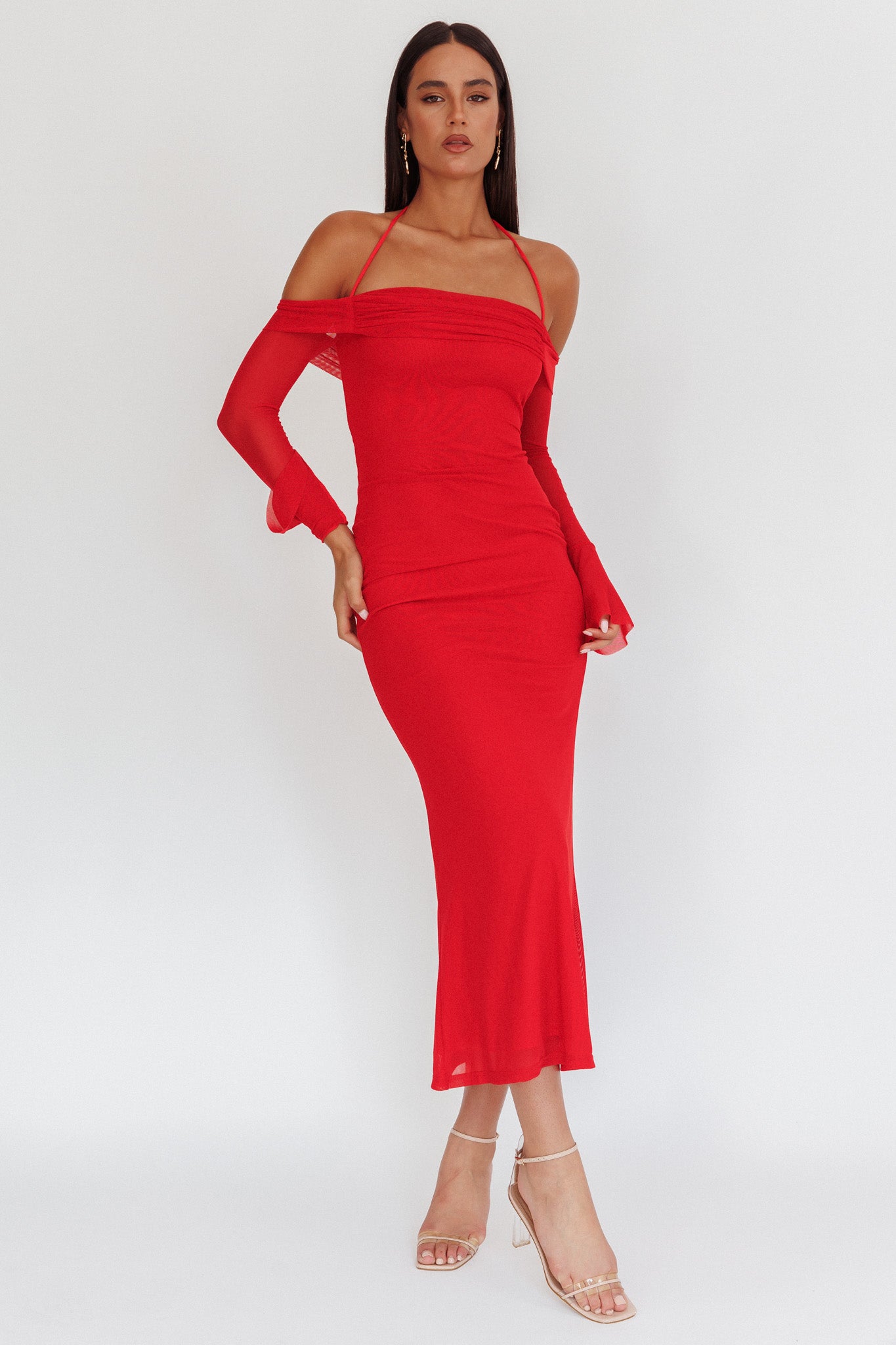 Numbers Game Off-Shoulder Halter Maxi Dress Red-Maymioy