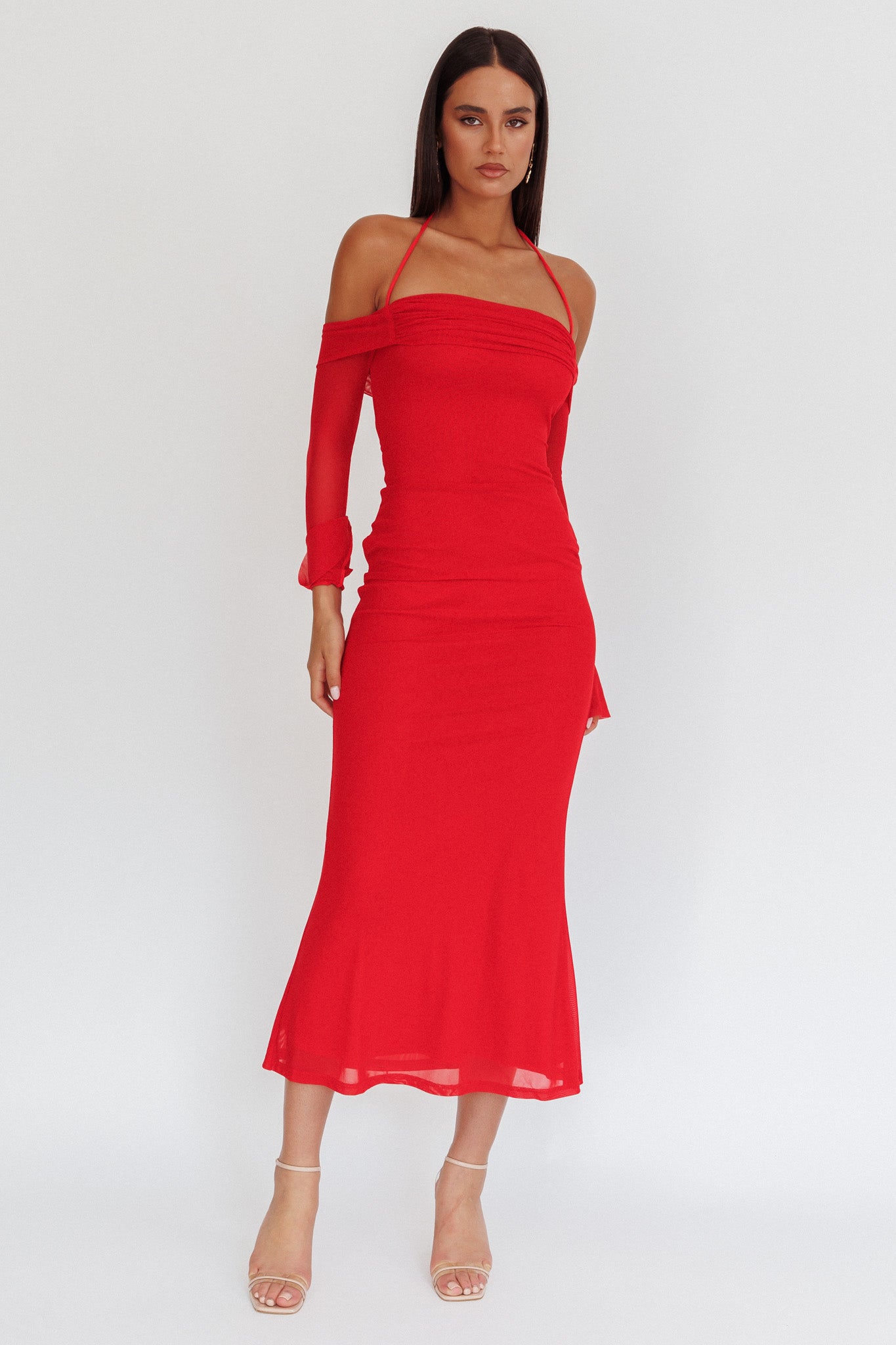 Numbers Game Off-Shoulder Halter Maxi Dress Red-Maymioy