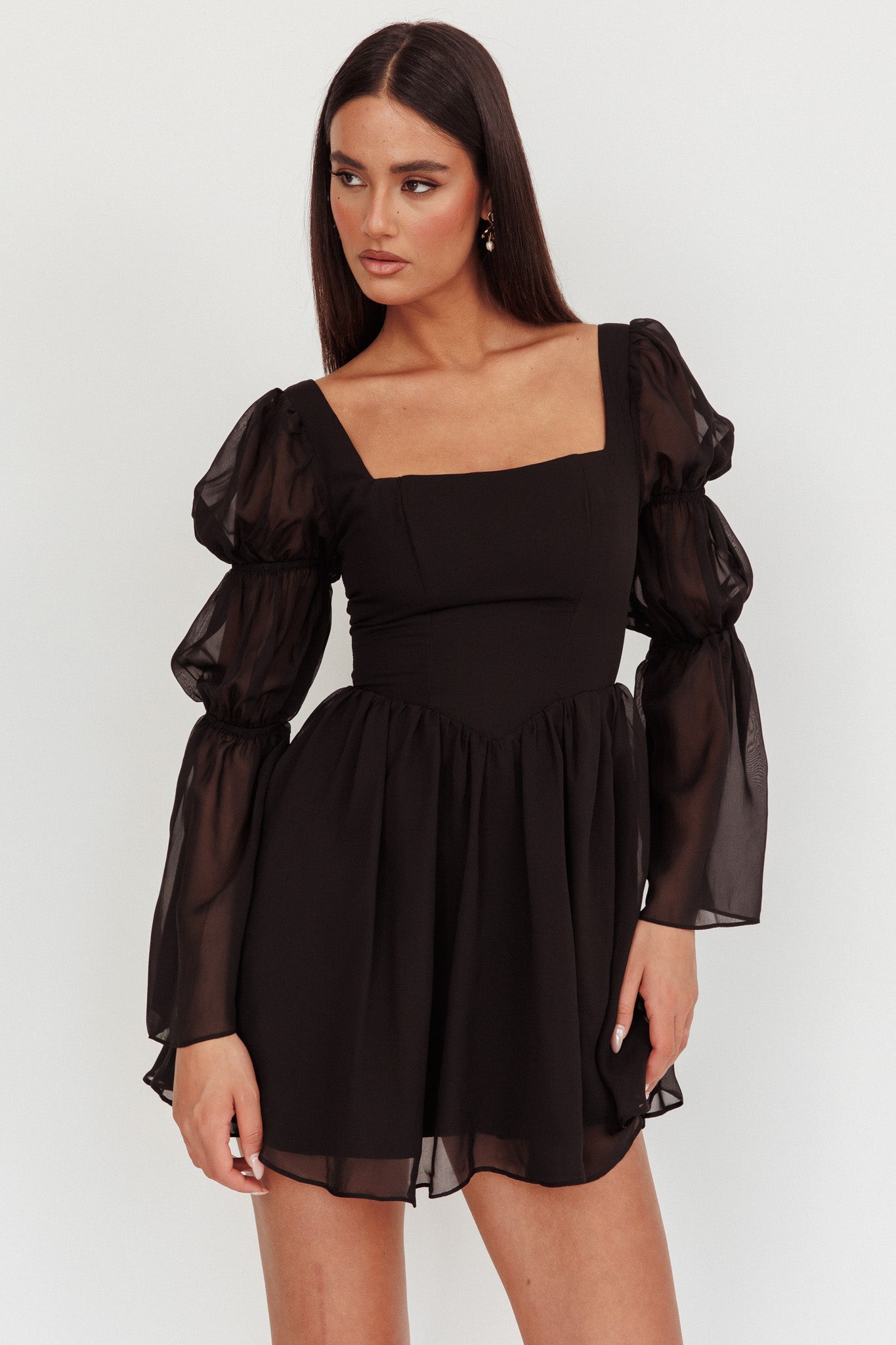 Miya Long Sleeve Mini Dress Black-Maymioy