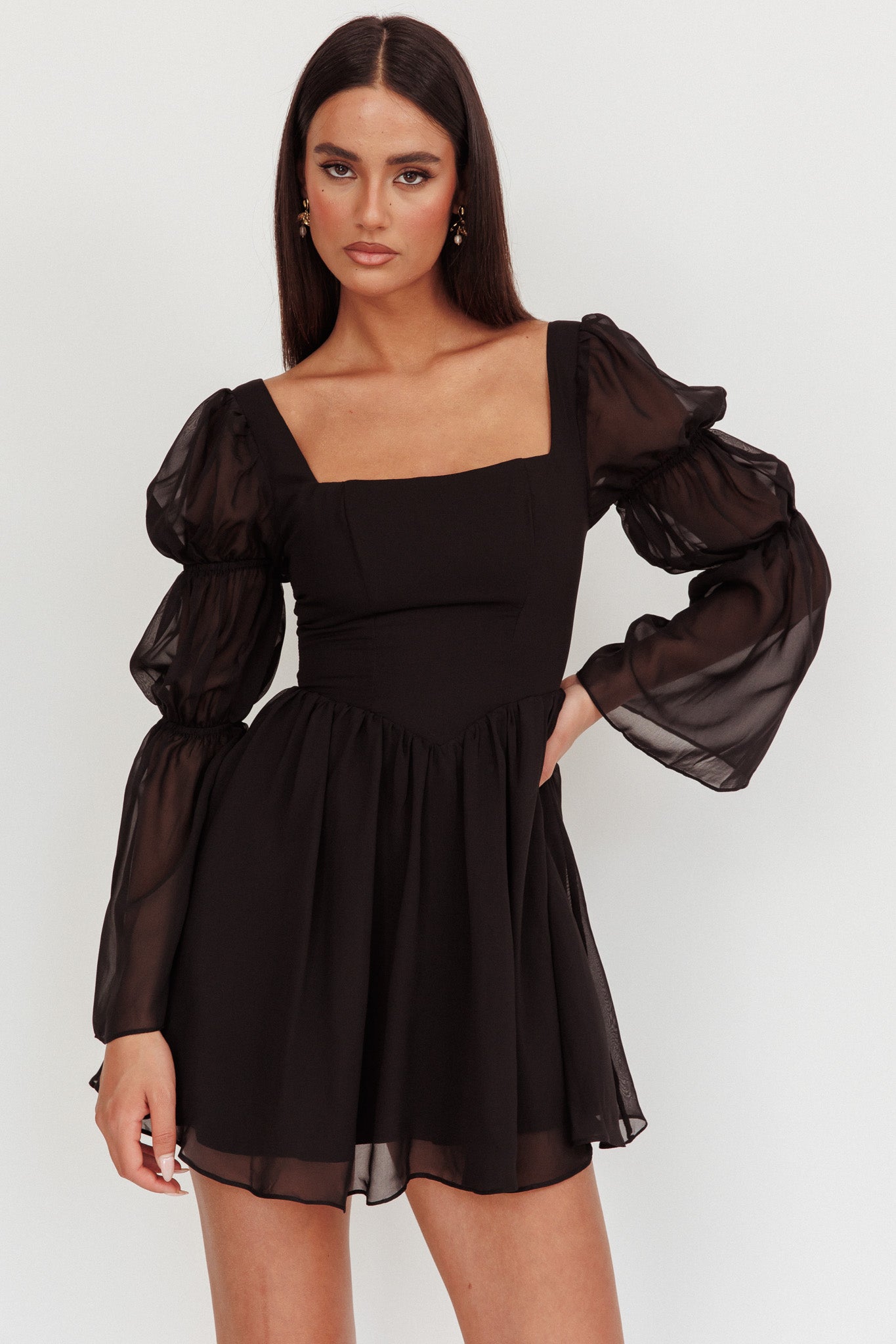 Miya Long Sleeve Mini Dress Black-Maymioy