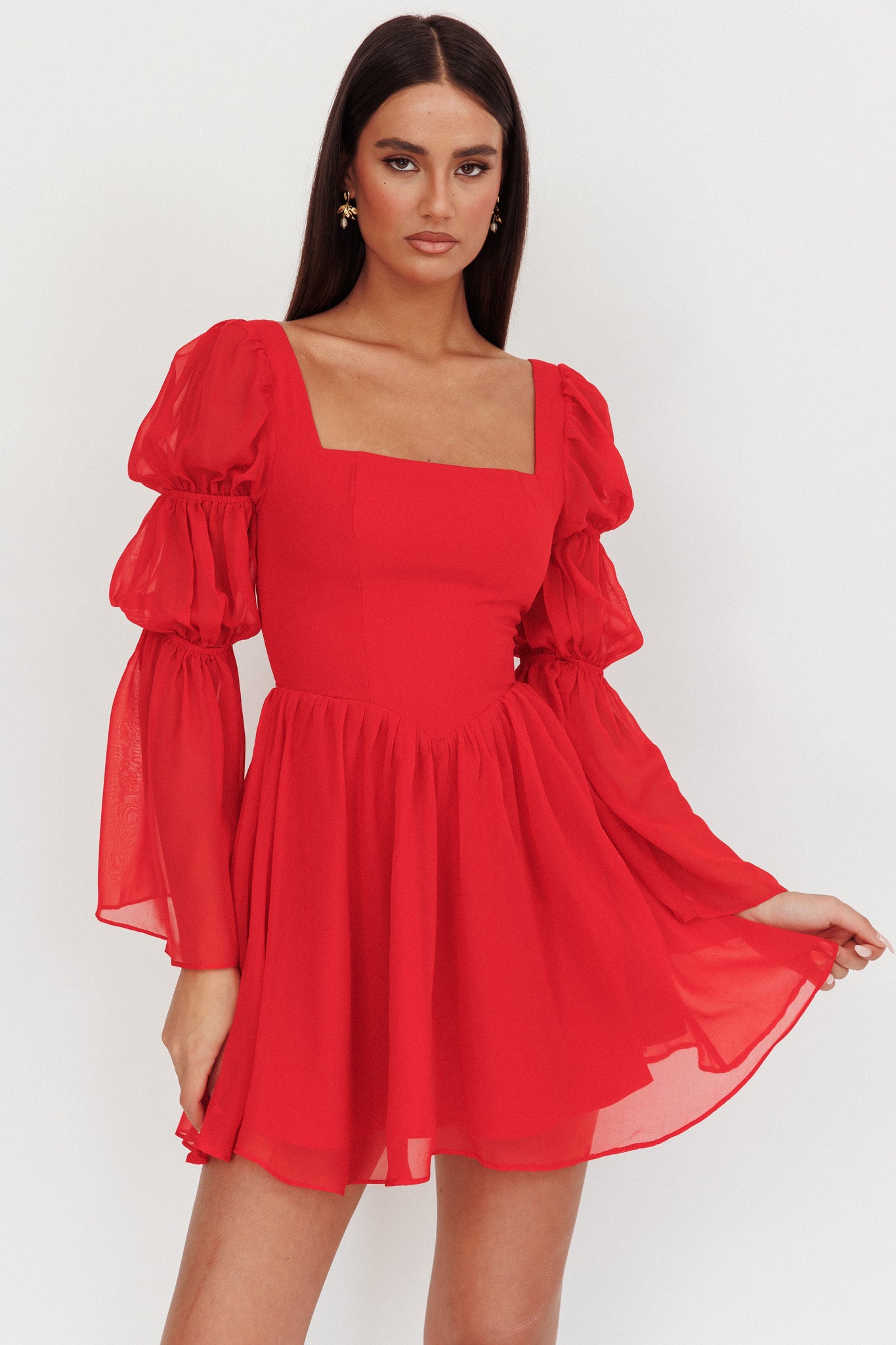 Miya Long Sleeve Mini Dress Red-Maymioy