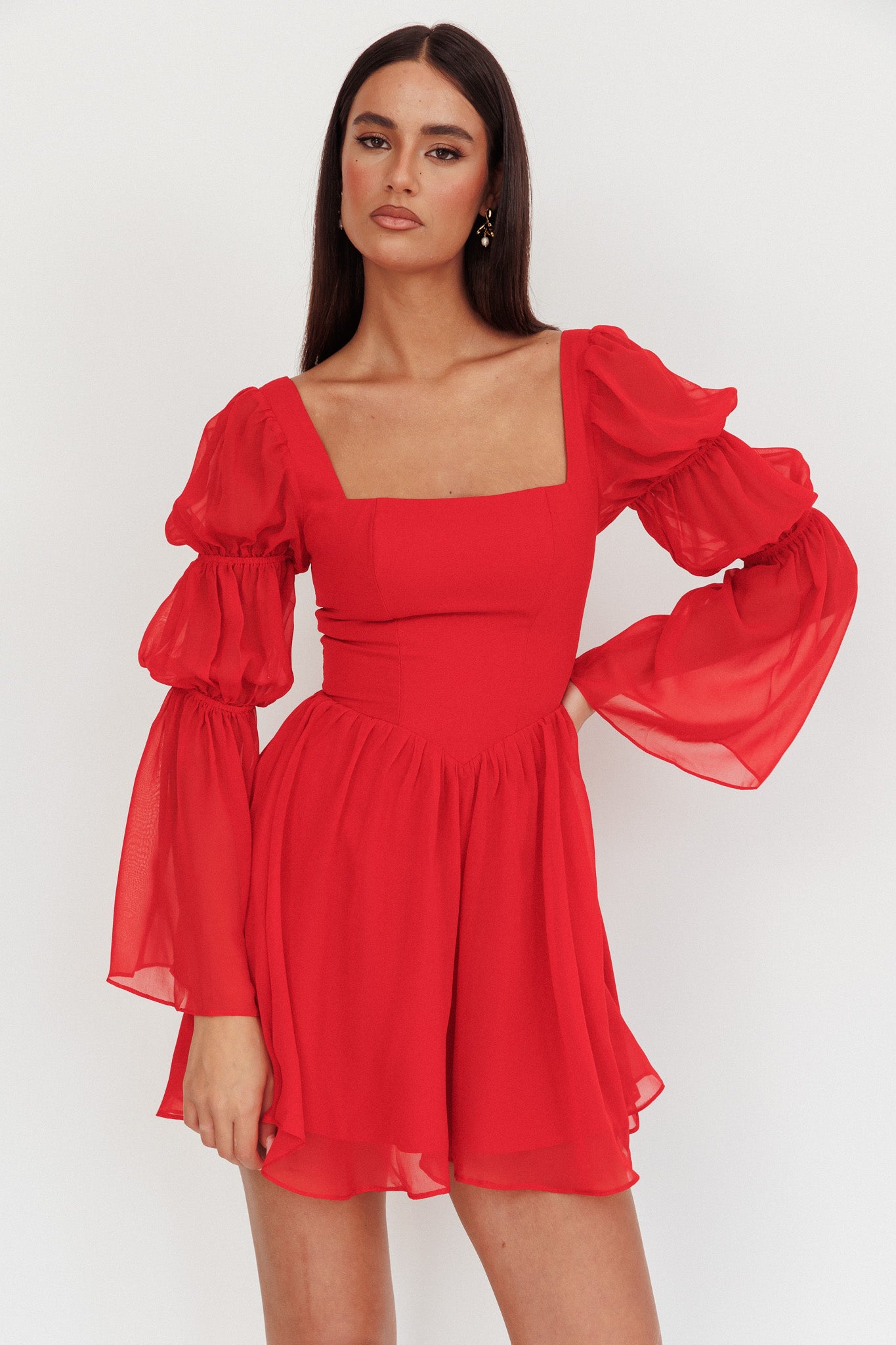 Miya Long Sleeve Mini Dress Red-Maymioy