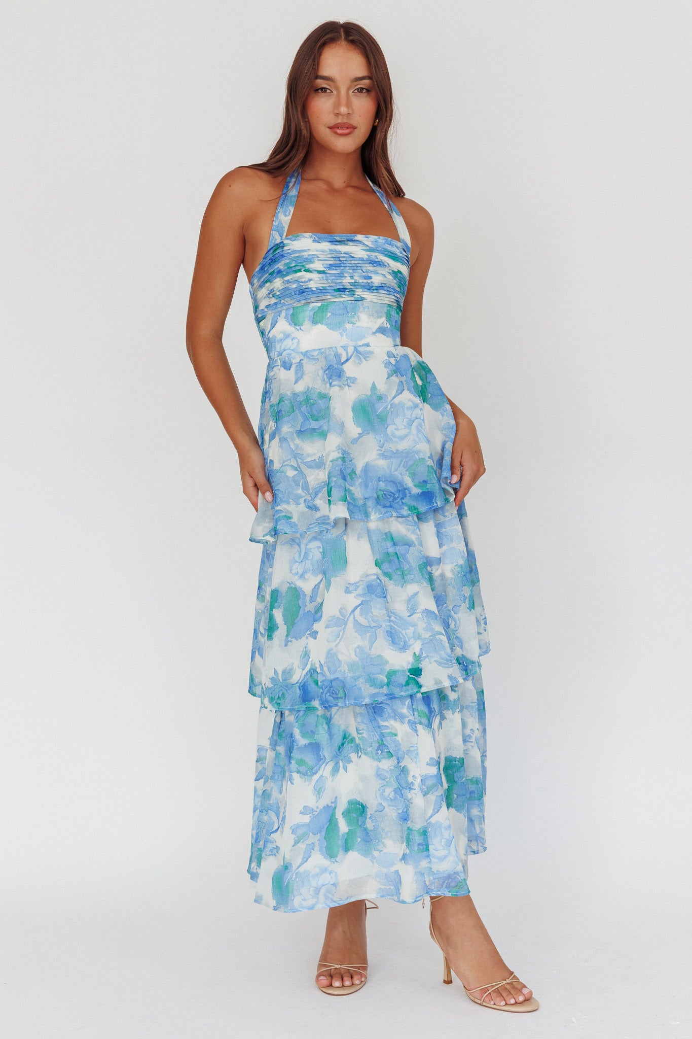 Seascape Halterneck Layered Maxi Dress Floral Blue-Maymioy