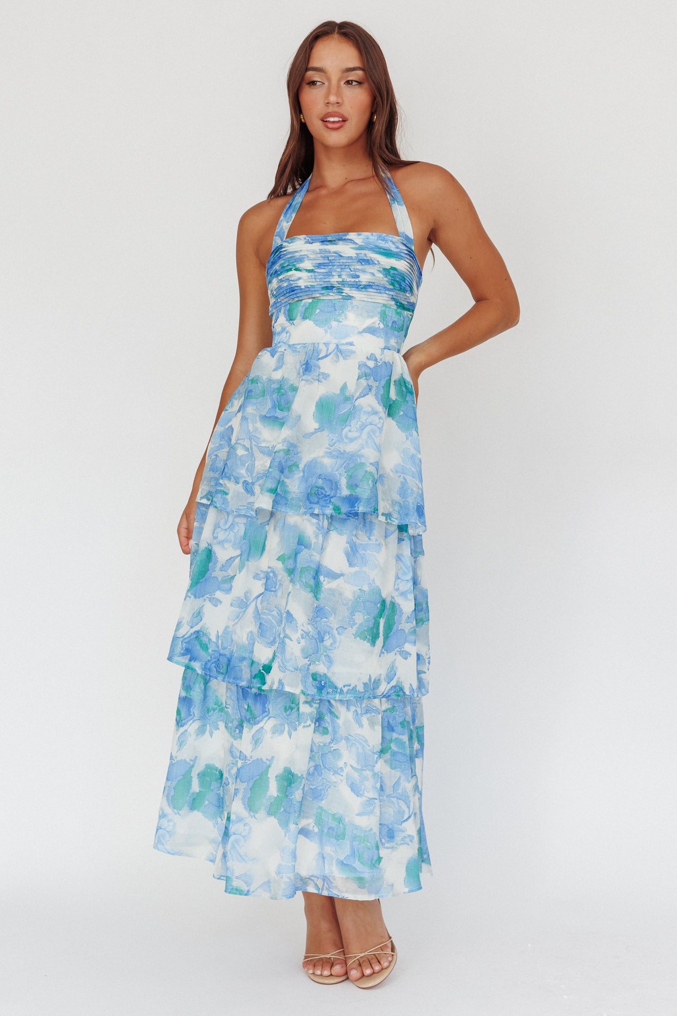 Seascape Halterneck Layered Maxi Dress Floral Blue-Maymioy