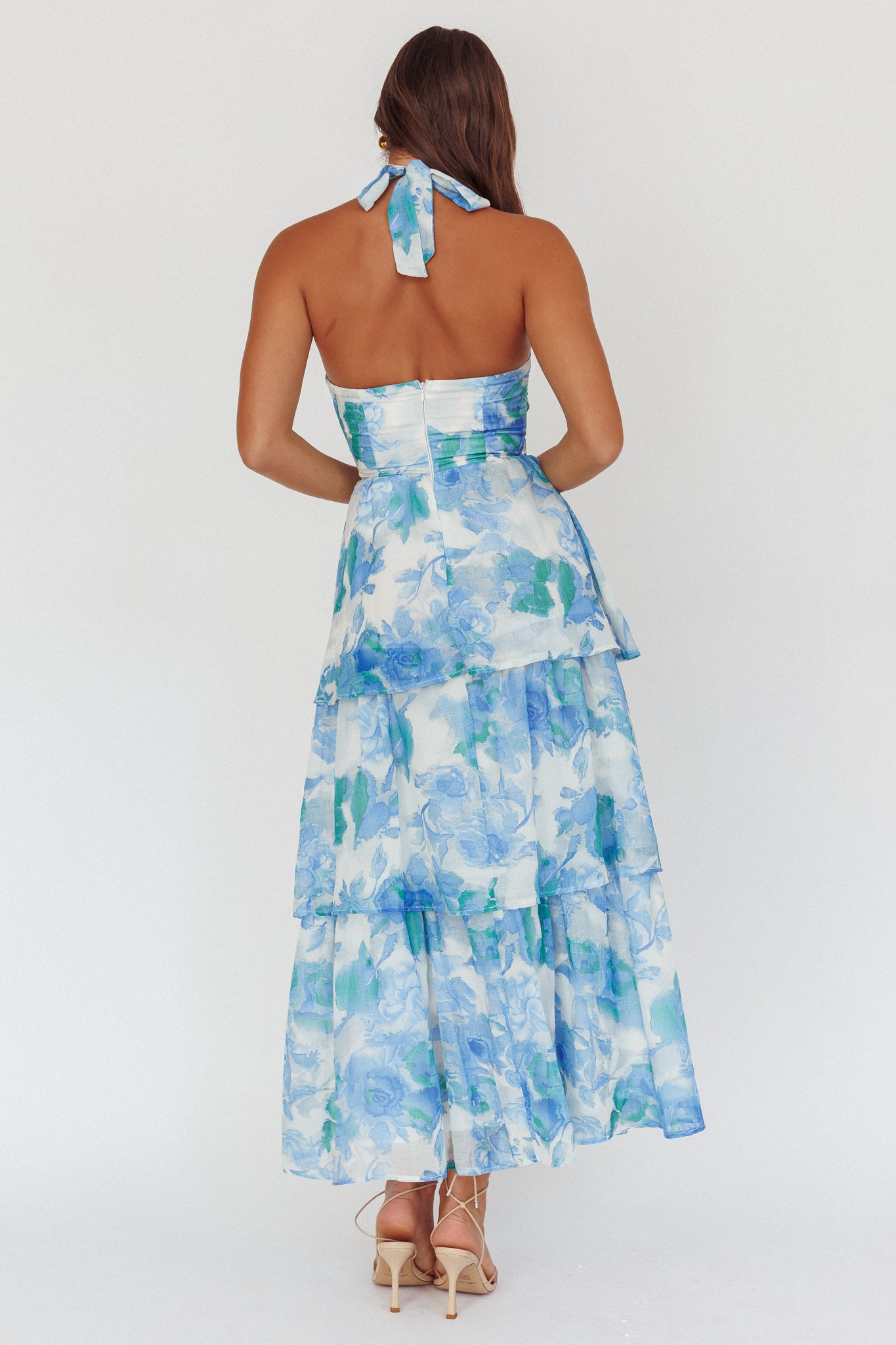 Seascape Halterneck Layered Maxi Dress Floral Blue-Maymioy