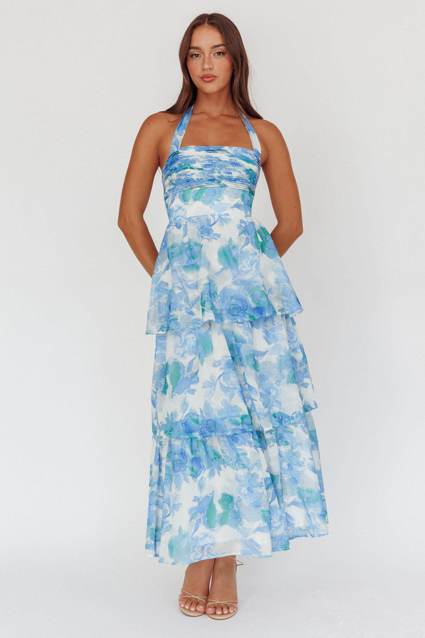 Seascape Halterneck Layered Maxi Dress Floral Blue-Maymioy