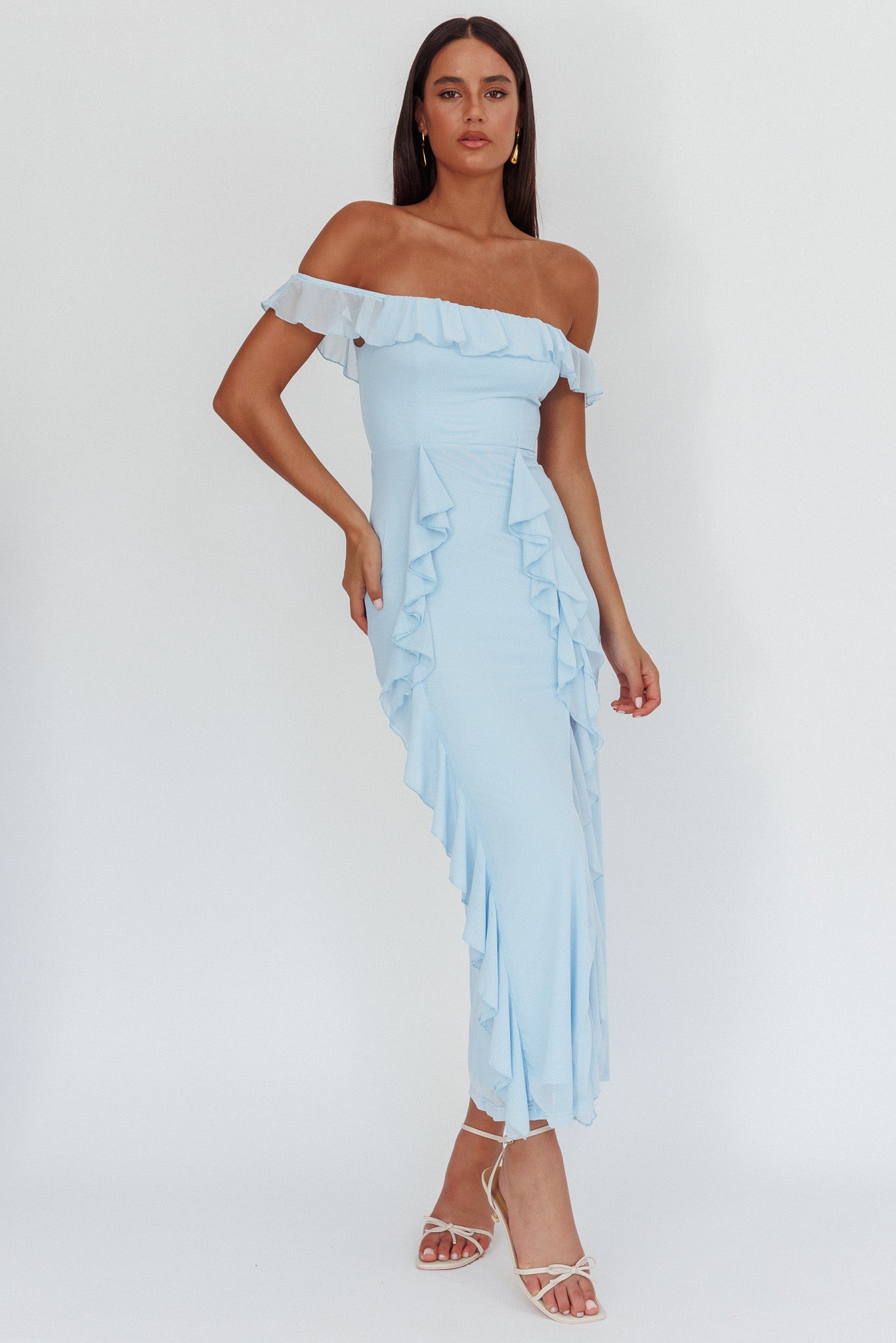 Flamenco Off-Shoulder Ruffle Maxi Dress Blue-Maymioy