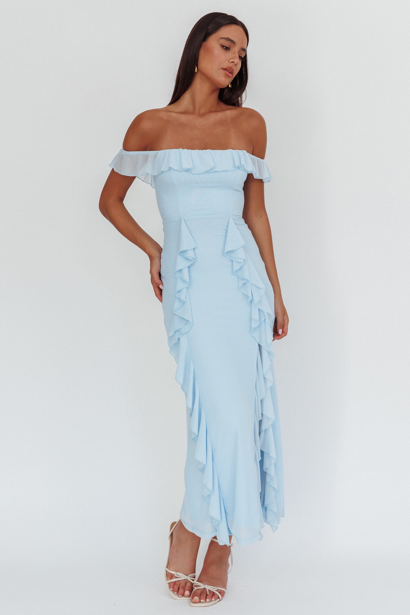 Flamenco Off-Shoulder Ruffle Maxi Dress Blue-Maymioy