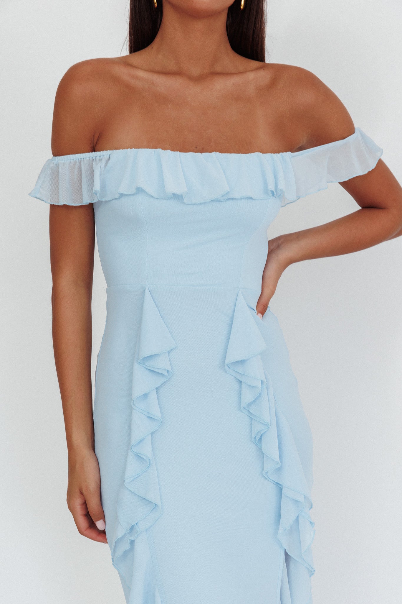 Flamenco Off-Shoulder Ruffle Maxi Dress Blue-Maymioy