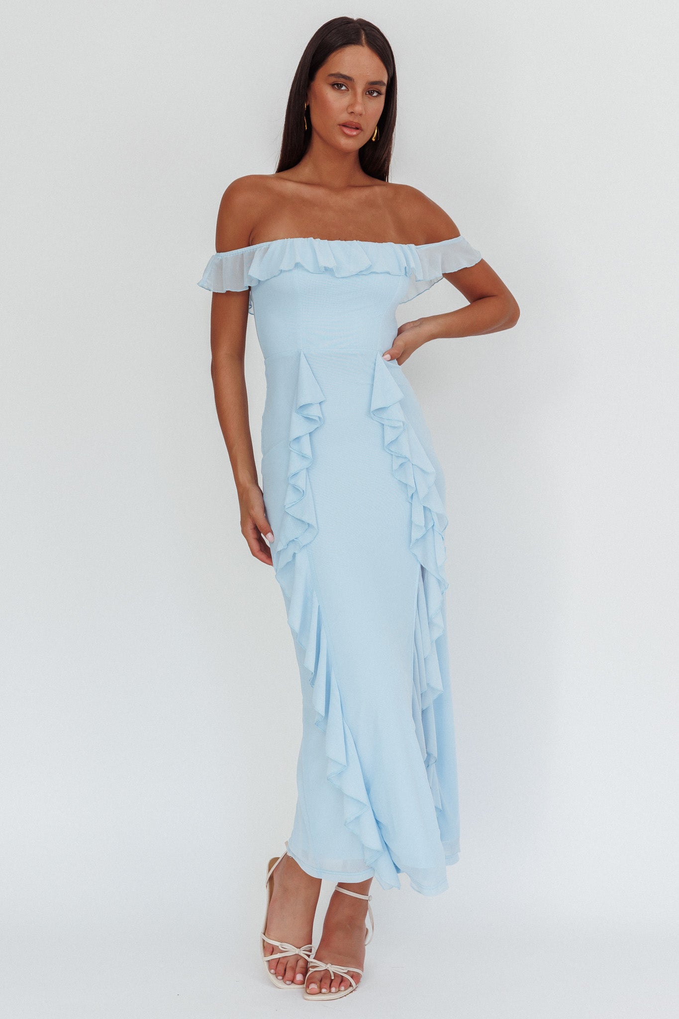 Flamenco Off-Shoulder Ruffle Maxi Dress Blue-Maymioy