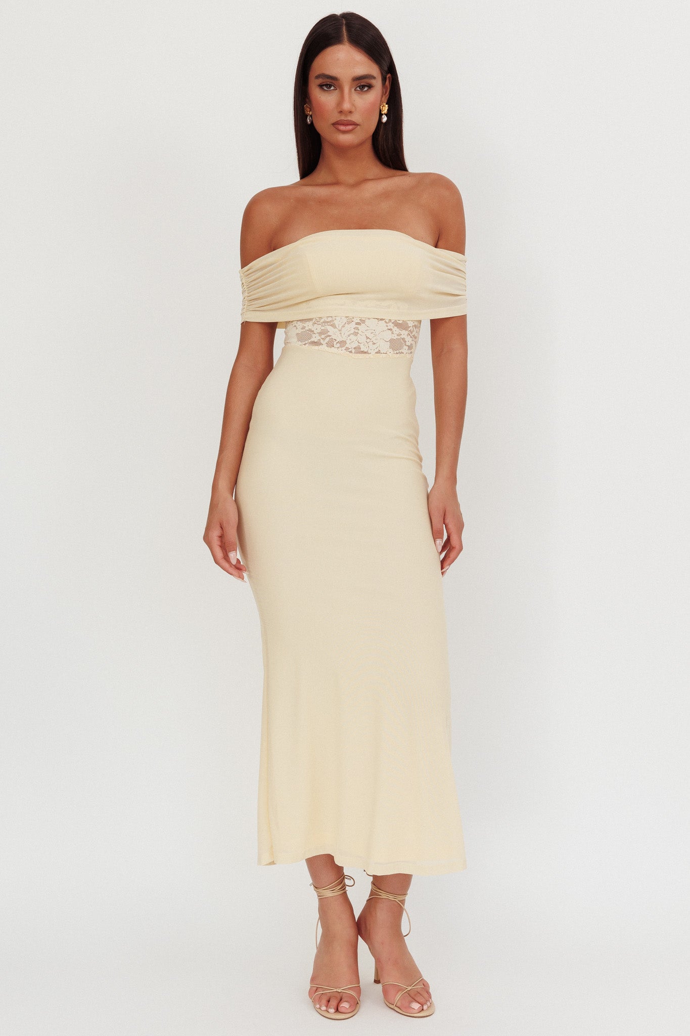 Flutters Off-Shoulder Lace Insert Maxi Dress Cream-Maymioy