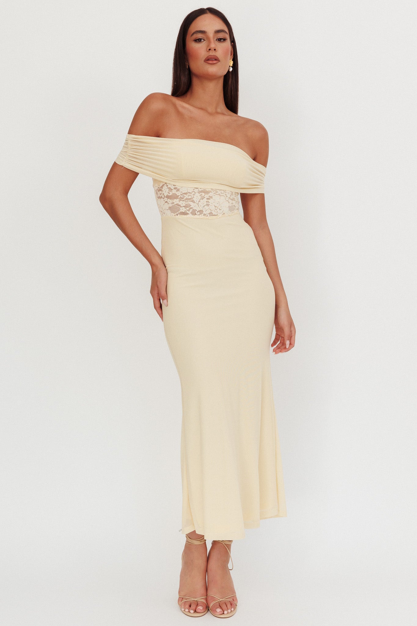Flutters Off-Shoulder Lace Insert Maxi Dress Cream-Maymioy