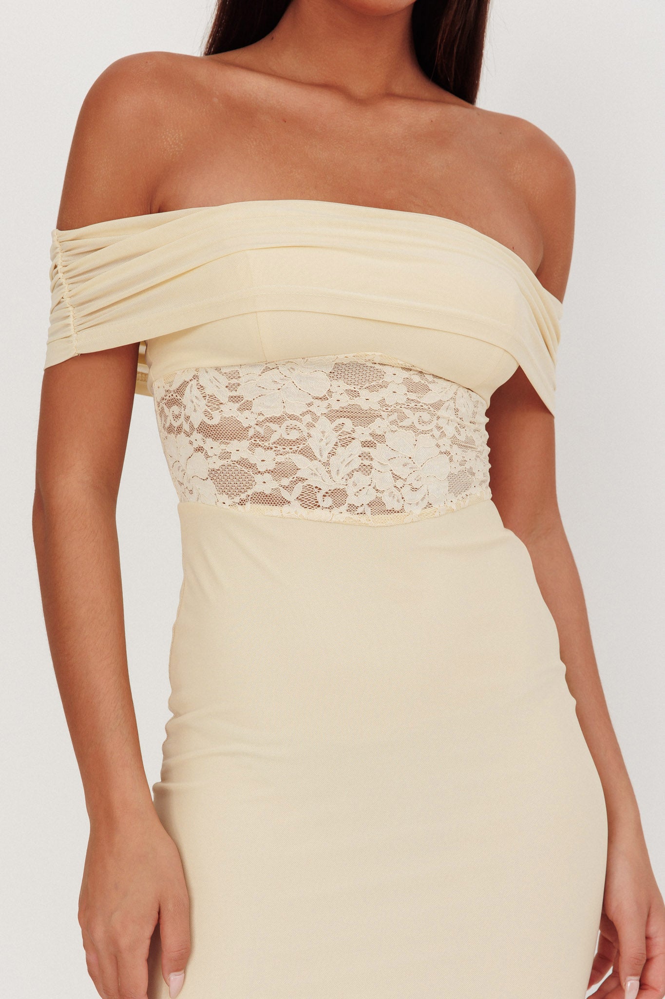 Flutters Off-Shoulder Lace Insert Maxi Dress Cream-Maymioy