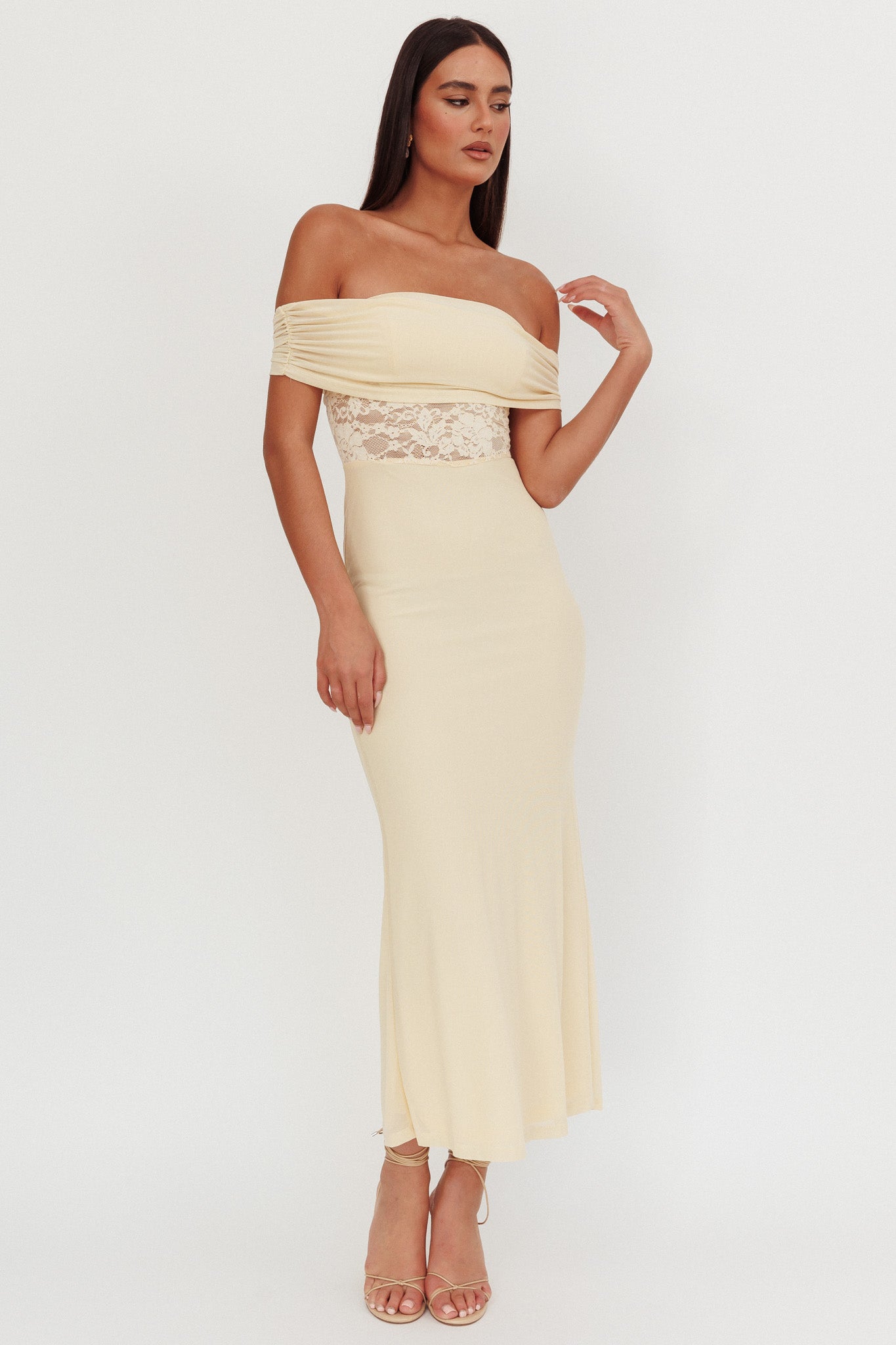 Flutters Off-Shoulder Lace Insert Maxi Dress Cream-Maymioy