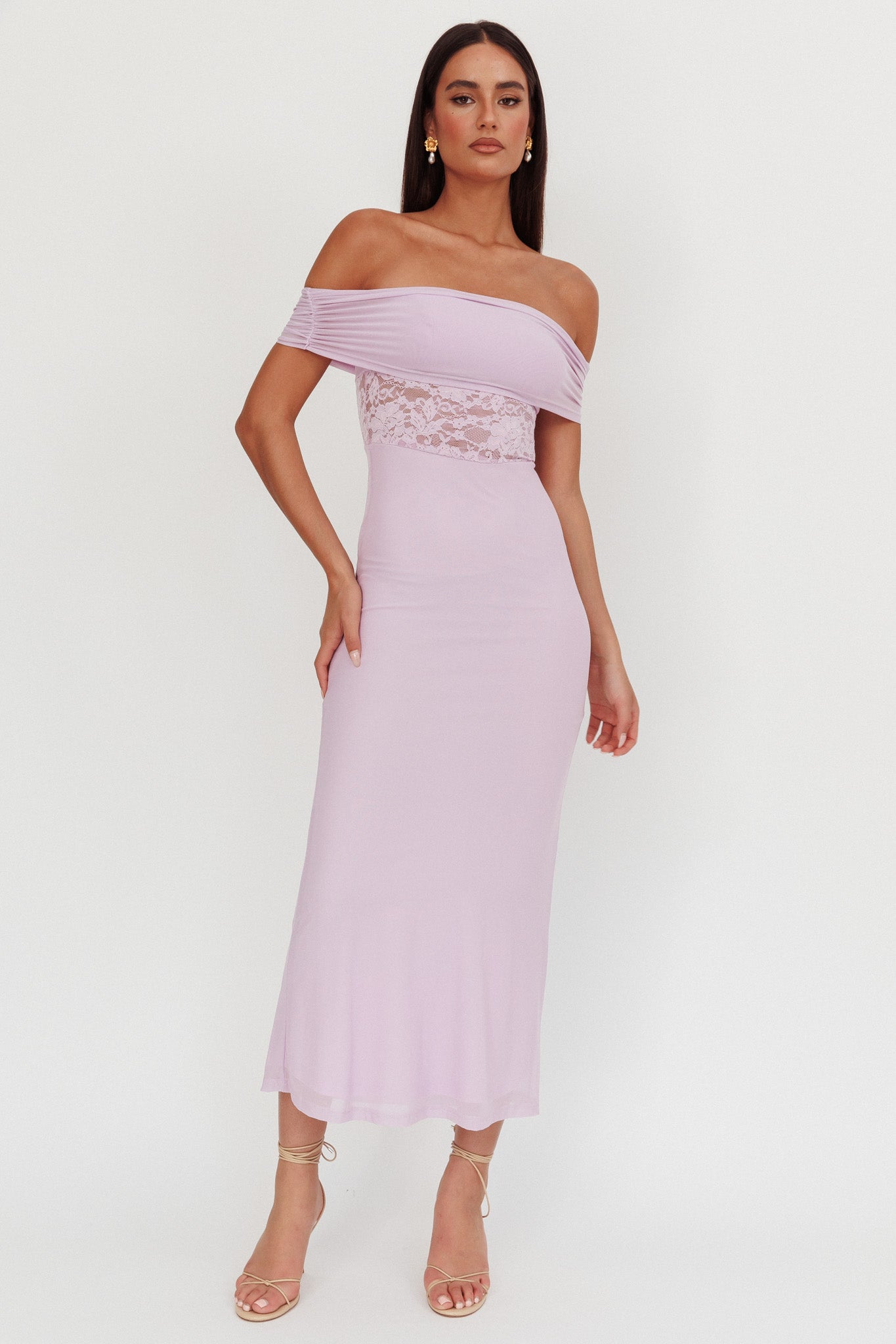 Flutters Off-Shoulder Lace Insert Maxi Dress Lilac-Maymioy