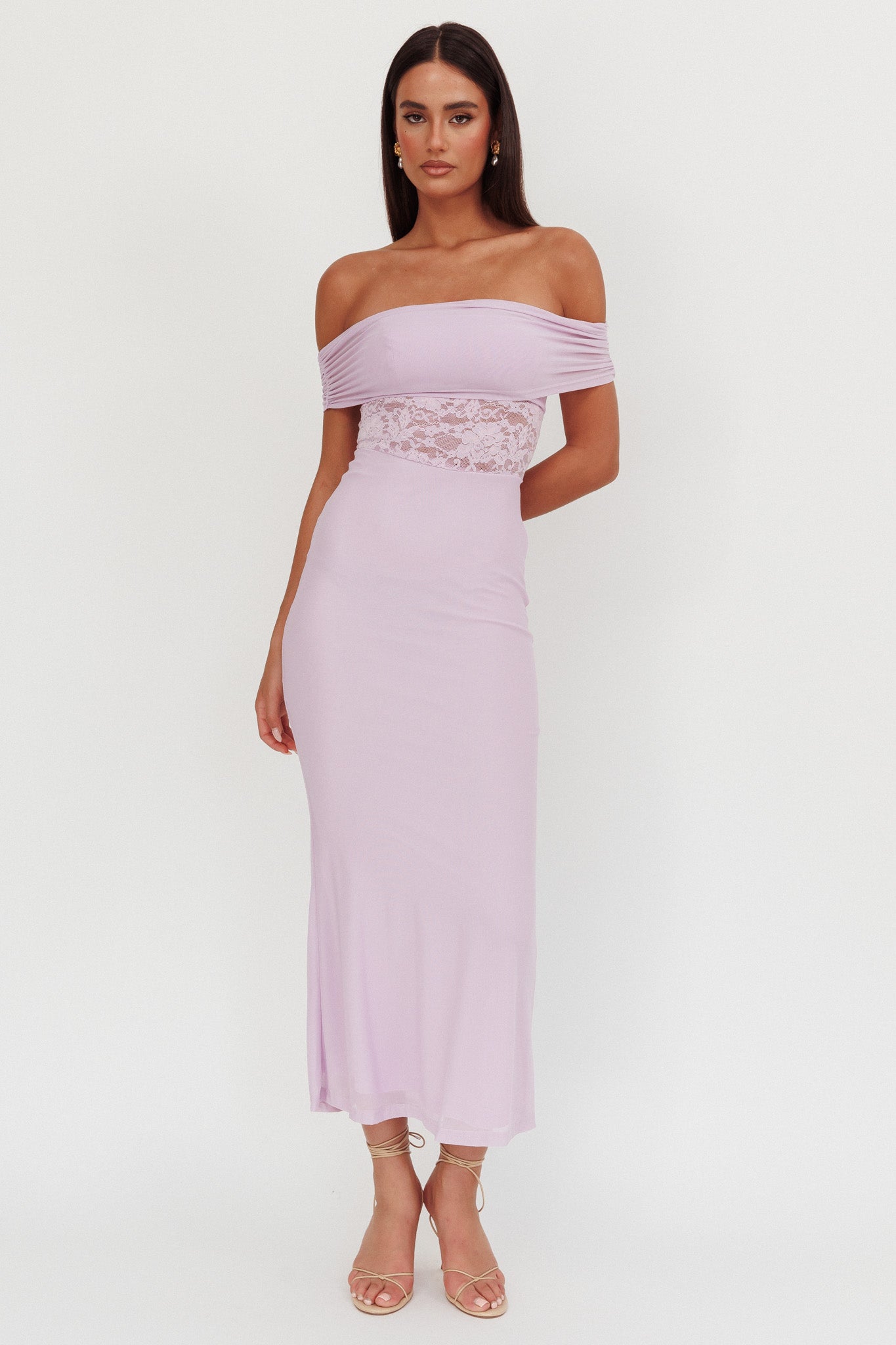Flutters Off-Shoulder Lace Insert Maxi Dress Lilac-Maymioy