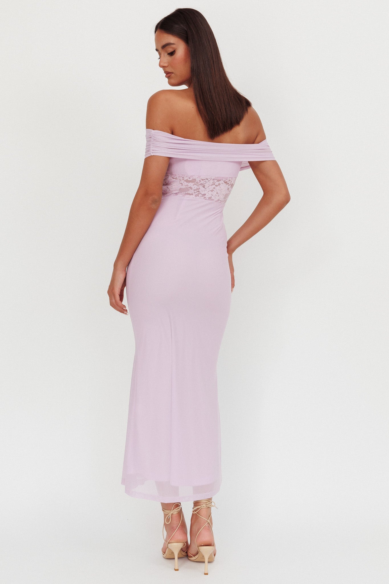 Flutters Off-Shoulder Lace Insert Maxi Dress Lilac-Maymioy