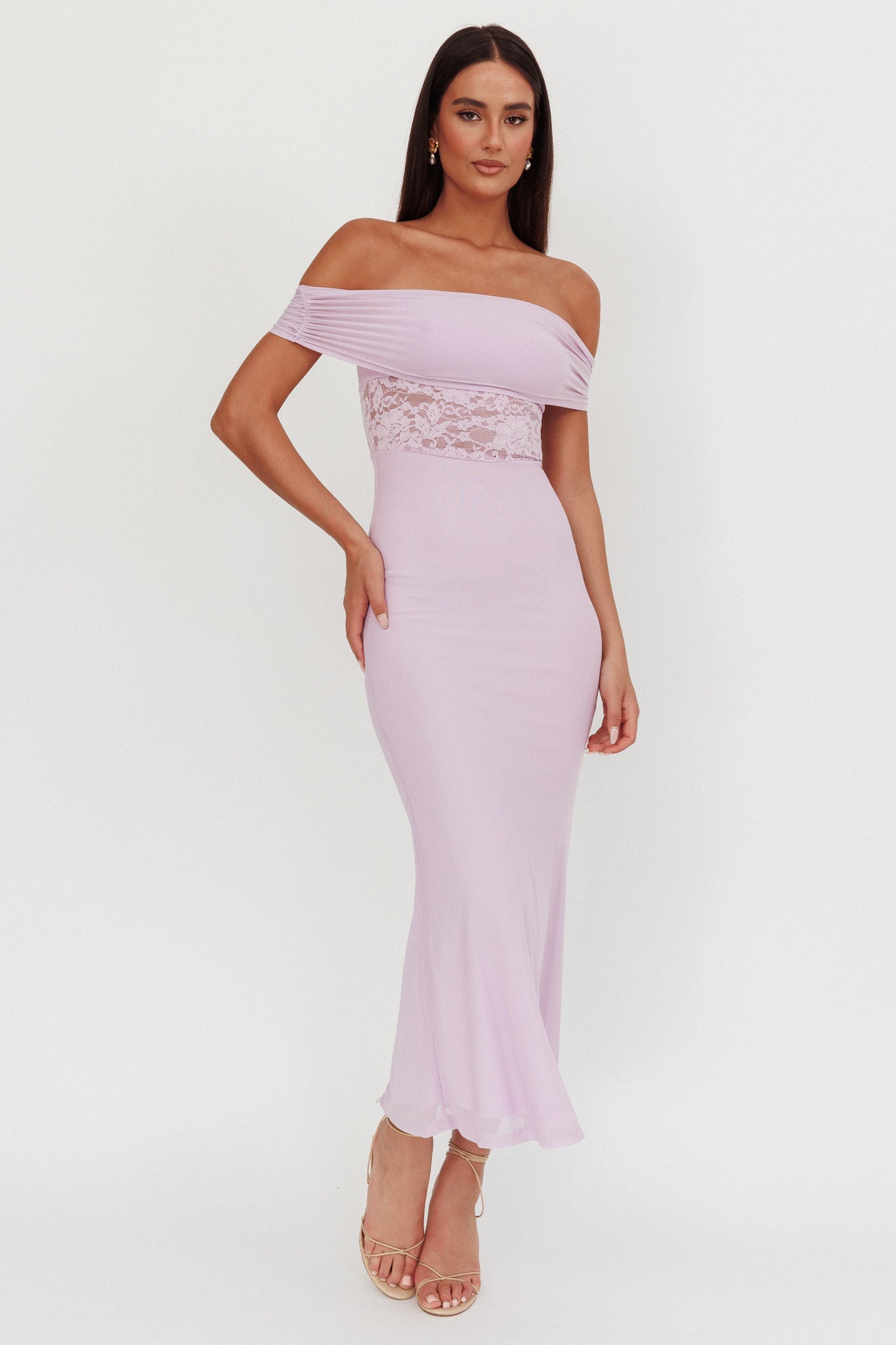 Flutters Off-Shoulder Lace Insert Maxi Dress Lilac-Maymioy