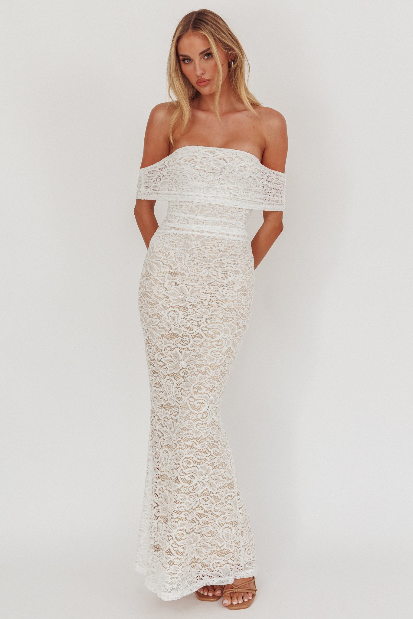 Flutters Off-Shoulder Lace Maxi Dress White-Maymioy