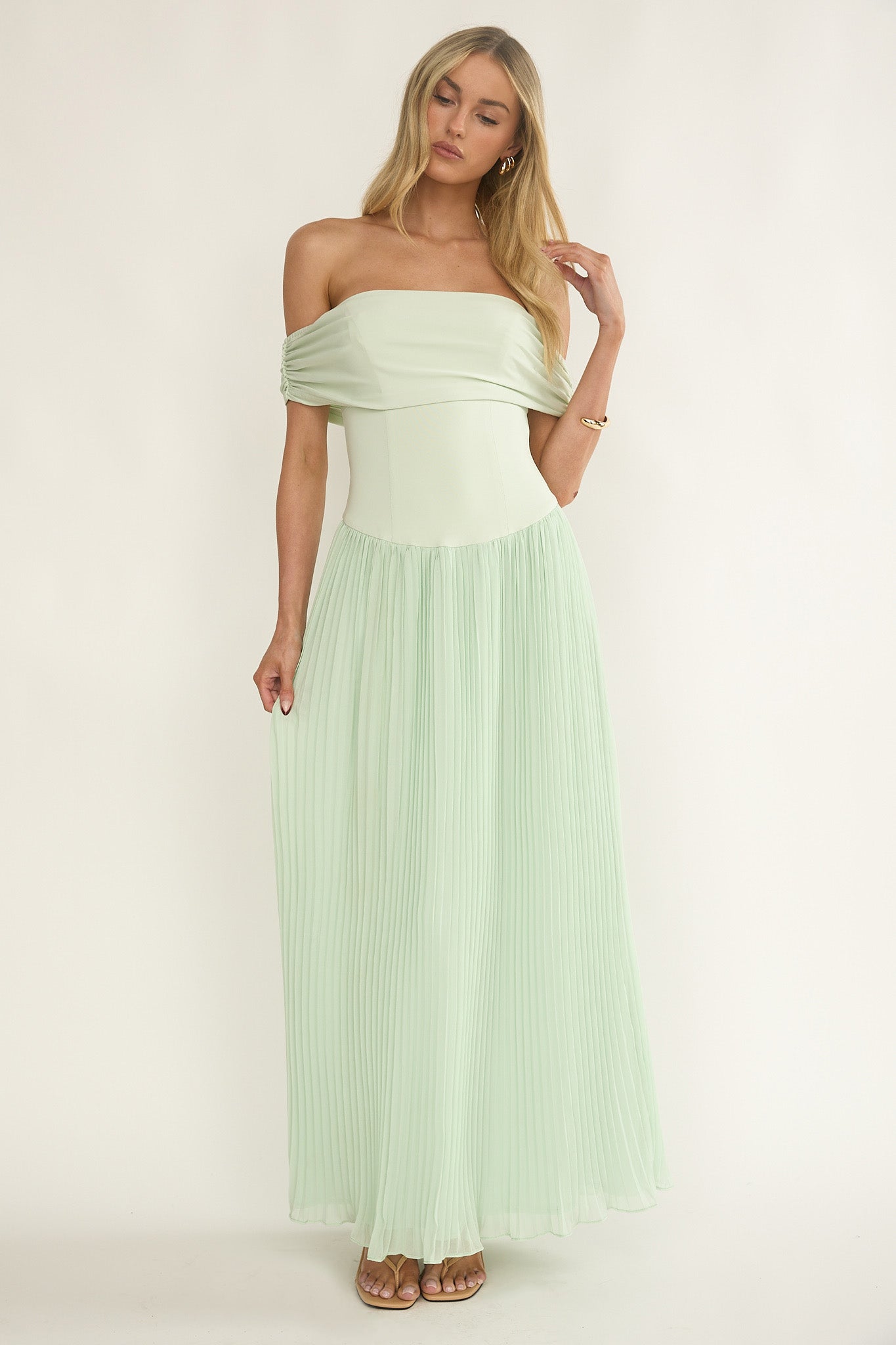 Flutters Off-Shoulder Accordion Pleat Dress Sage-Maymioy