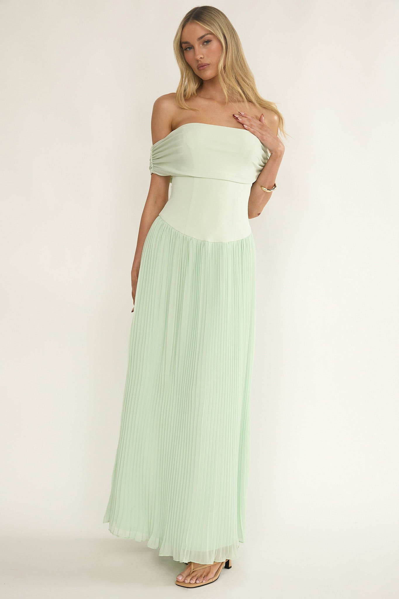 Flutters Off-Shoulder Accordion Pleat Dress Sage-Maymioy