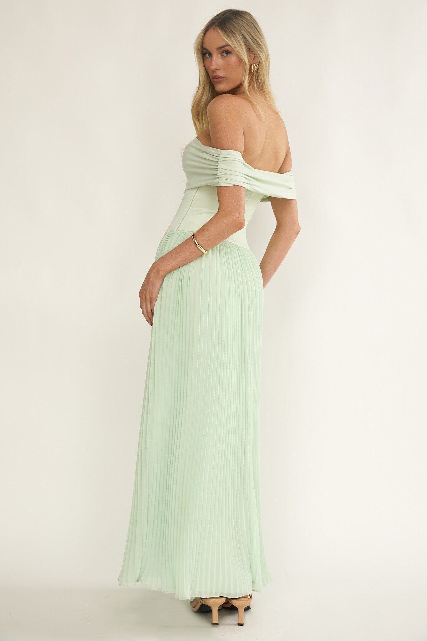 Flutters Off-Shoulder Accordion Pleat Dress Sage-Maymioy